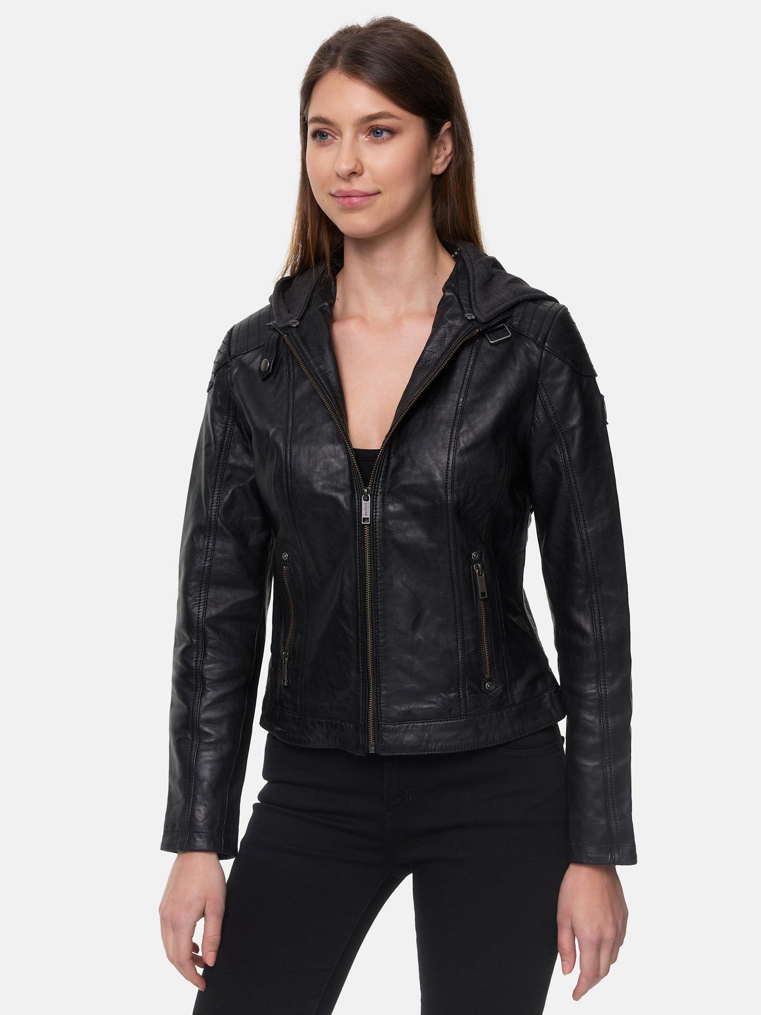 Tazzio Lederjacke F503 Damen Leder Jacke im Biker Look mit abnehmbarer Kapuze schwarz