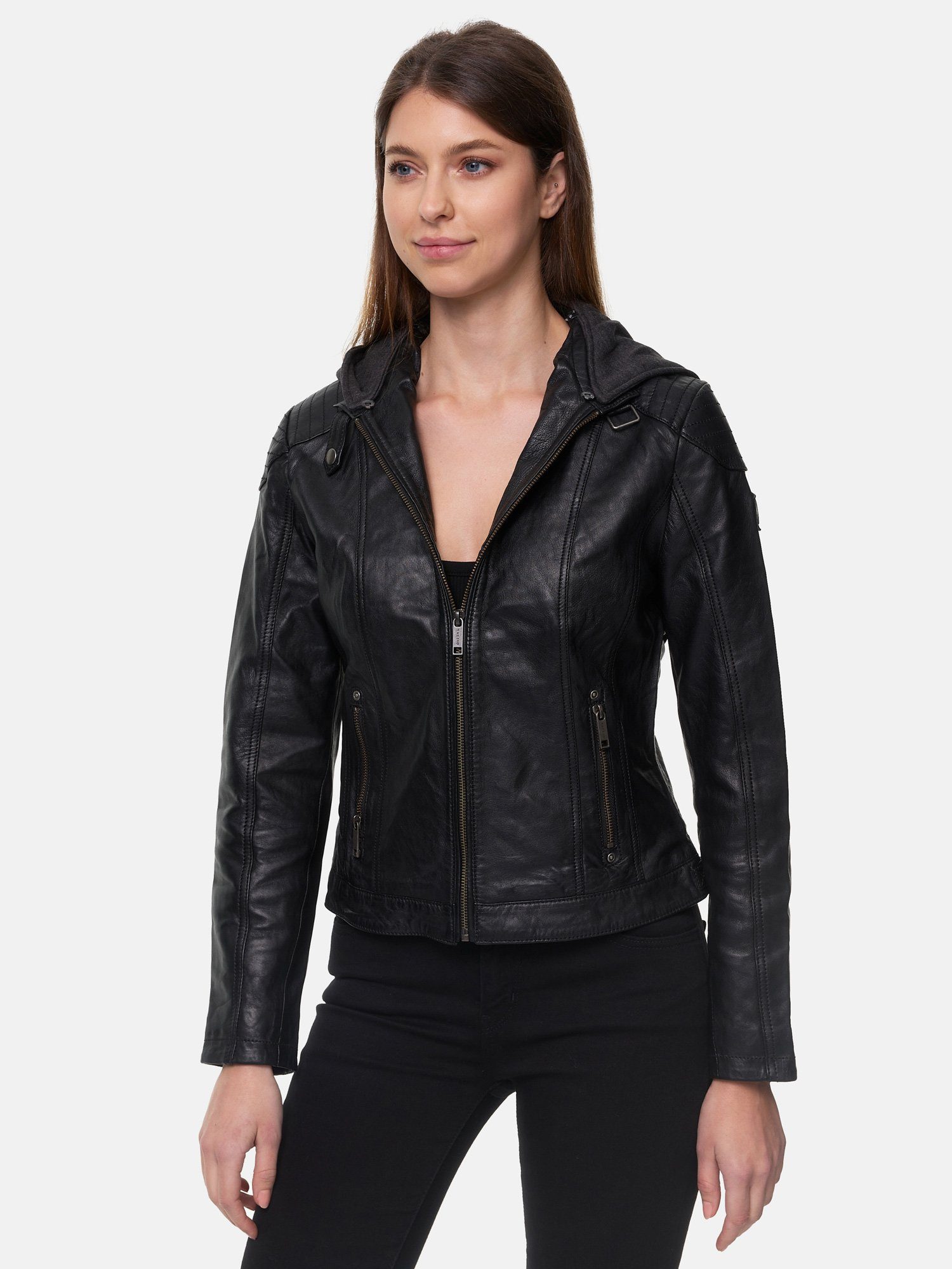 Kapuze schwarz Leder Jacke F503 mit im Damen abnehmbarer Look Tazzio Biker Lederjacke