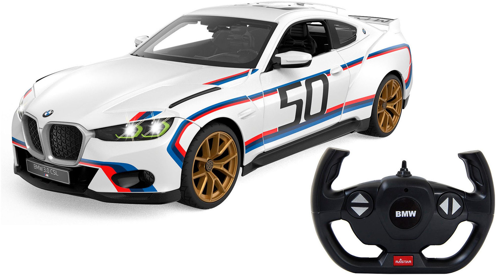 Jamara RC-Auto BMW 3.0 CSL 1:14 weiß 2,4GHz Tür manuell, im Maßstab 1:14, mit LED Beleuchtung