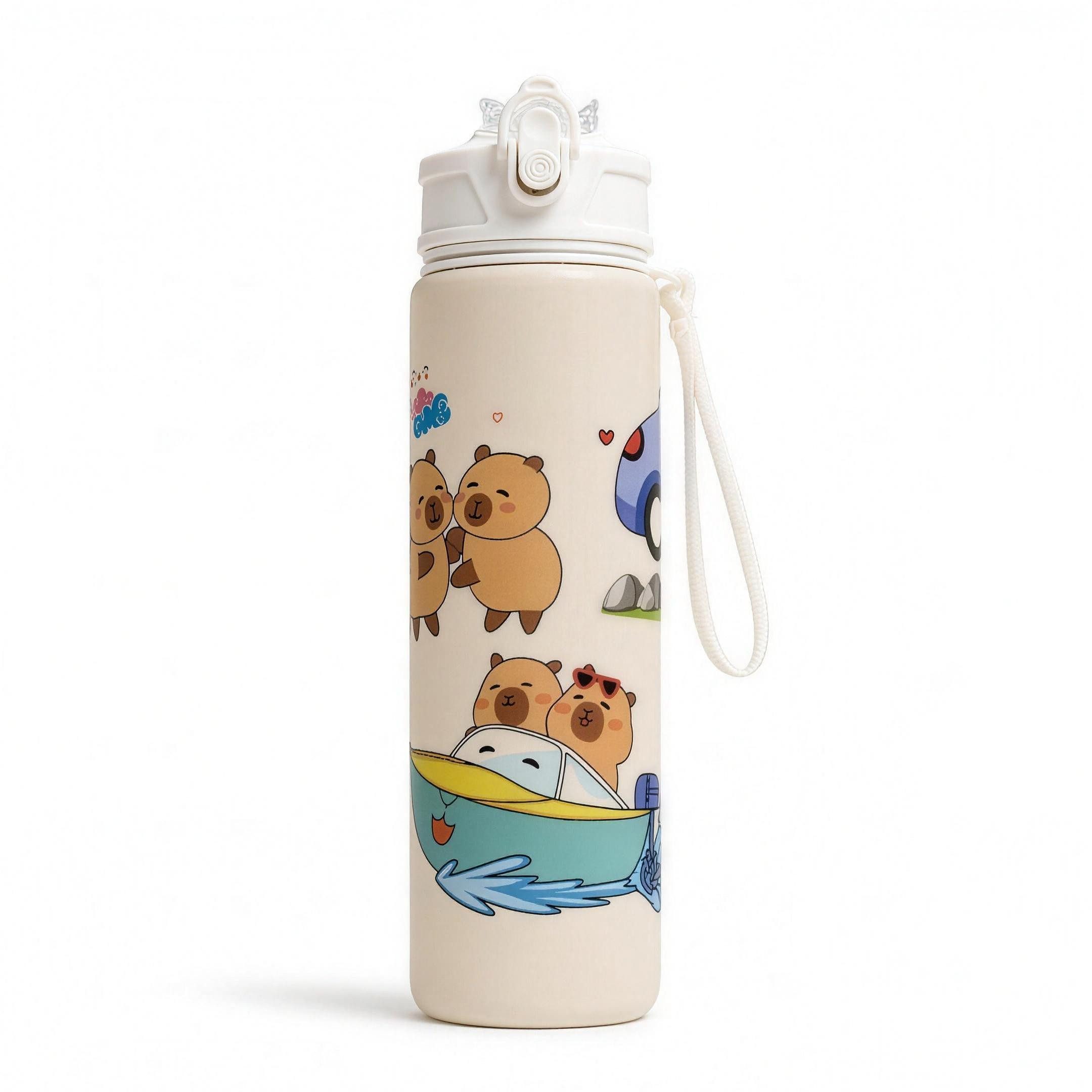 H-basics Trinkflasche 800 ml mit Strohhalm & Trageschlaufe, Capybara, Kinder Sportflasche