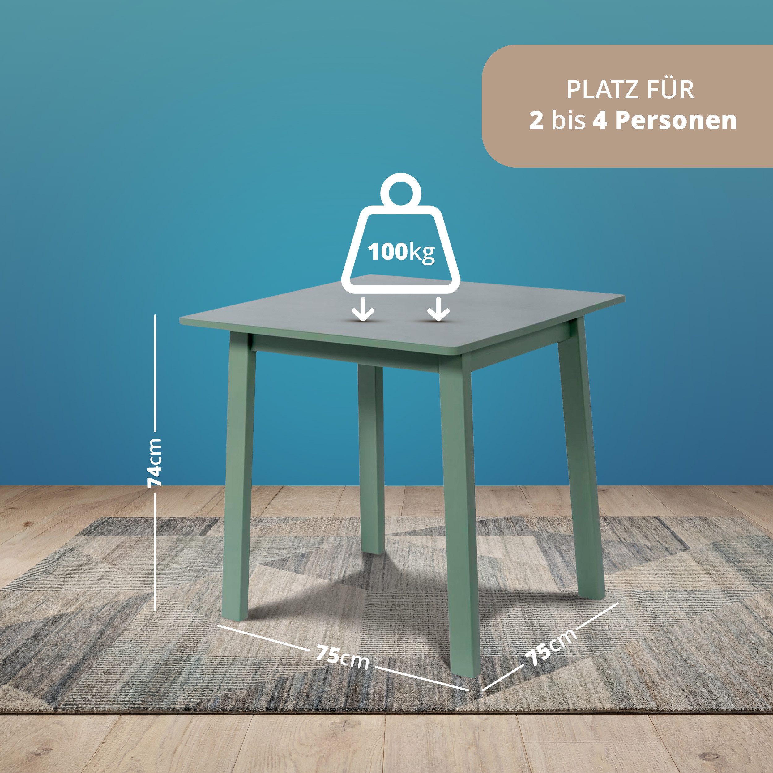KHG Esstisch Bürotisch Grün für 2-4 Personen, Skandi Look, bis 100 kg belastbar, lackiert, pflegeleicht, Massivholzgestell – Bild 2 von 5