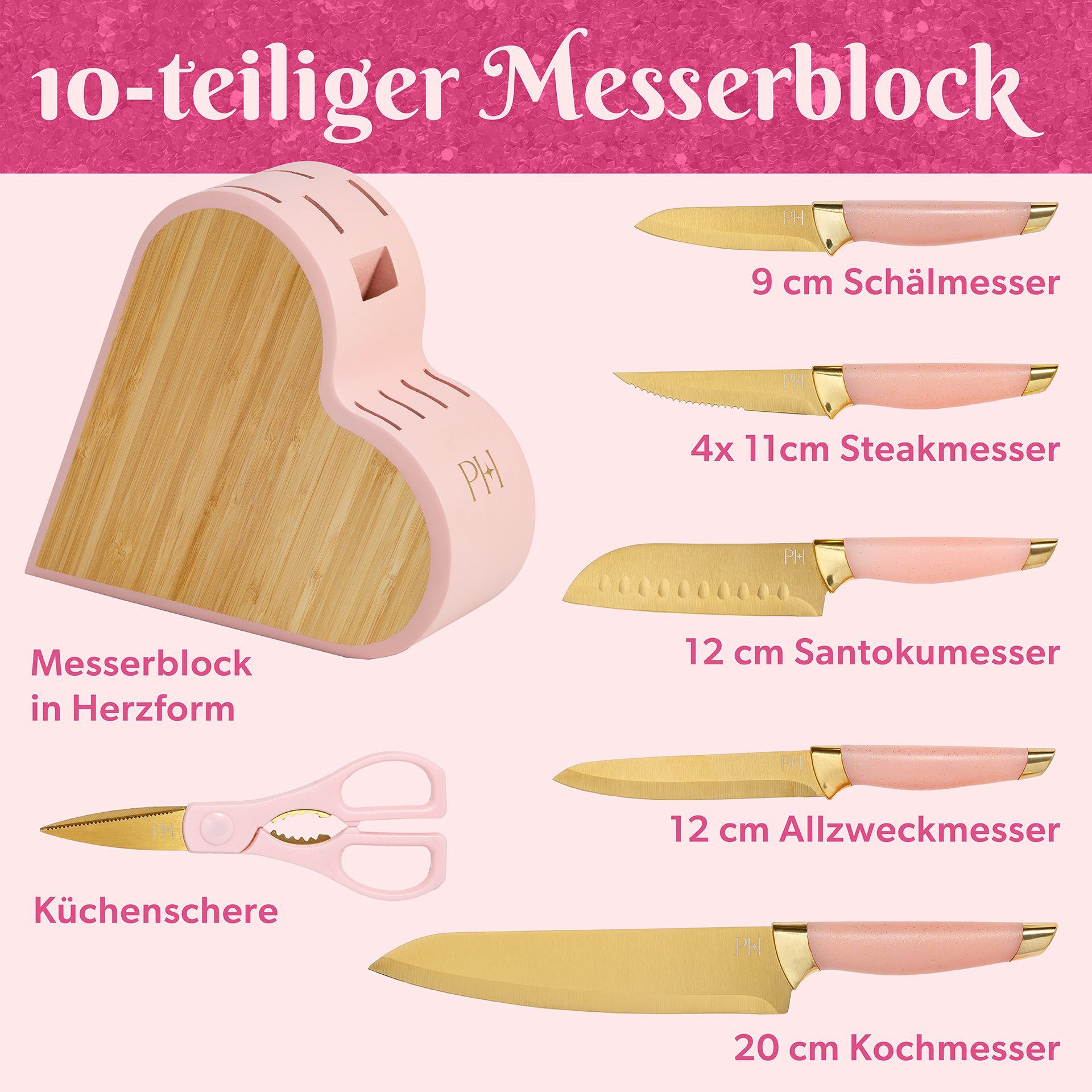 Paris Hilton Messerblock 10-teiliges Messerset mit Block aus Edelstahl, Messerblock – Bild 2 von 5