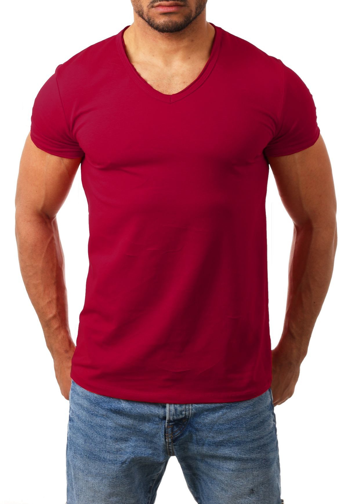 CARISMA T-Shirt Herren Uni Basic 4066 tief-breit geschnittener Ausschnitt vintage Look V-Ausschnitt unifarben kurzarm slim fit
