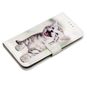 CLM-Tech Handytasche Hülle für Google Pixel 7 Pro Tasche aus Kunstleder Klapphülle (Fröhliche Katze, Handyhülle Wallet Flip Case Cover Etui), Standfunktion, Kartenfächer, Magnetverschluss