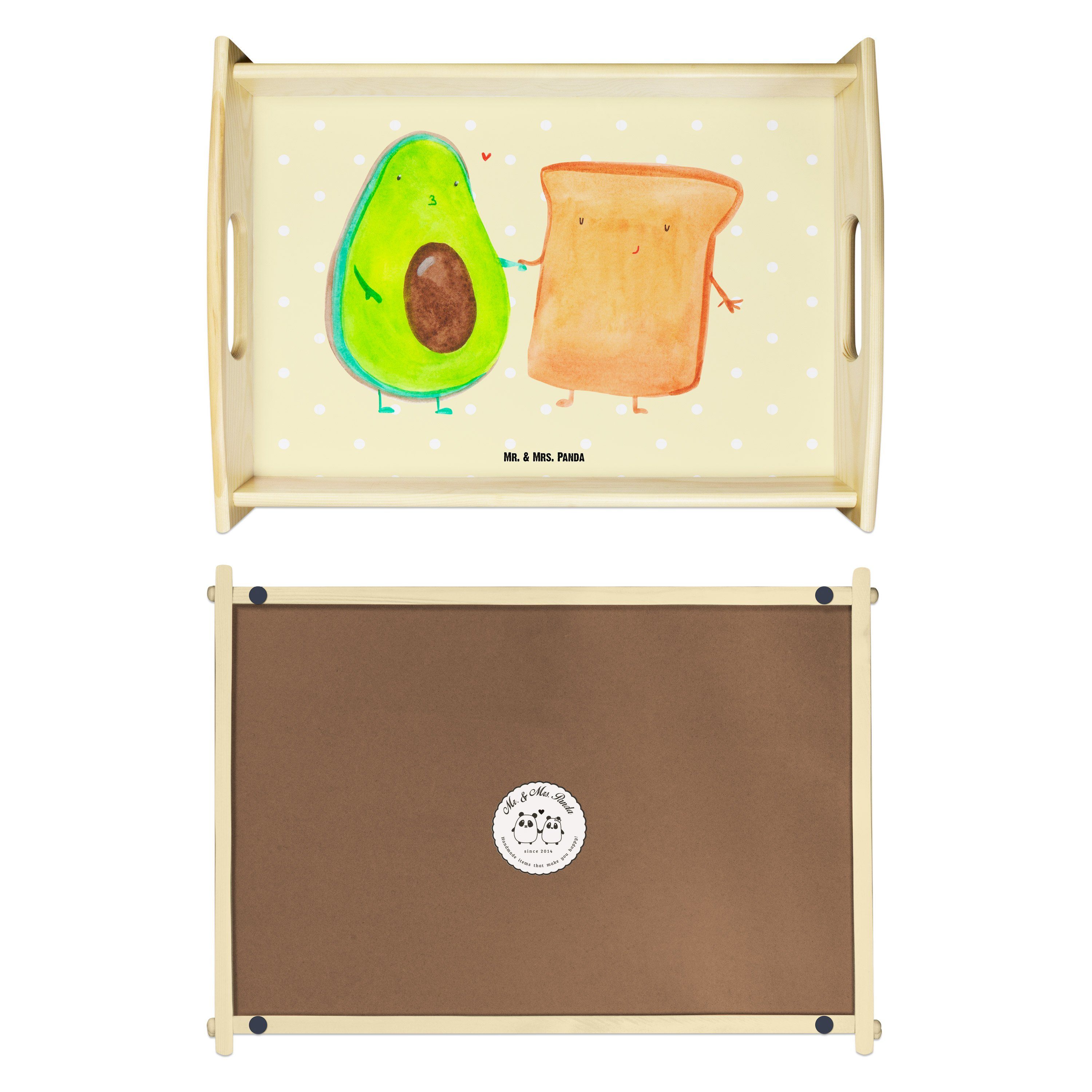Echtholz Pastell Gelb Mrs. - (1-tlg) - Mr. Toast + Avocado Holztab, Tablett & Geschenk, Panda lasiert, Frühstückstablett,