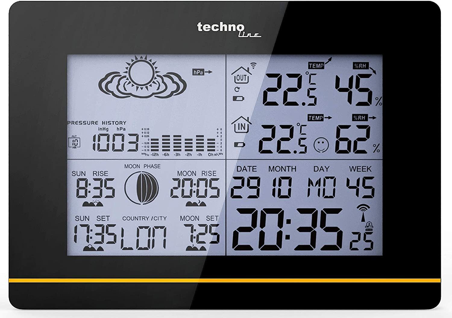 technoline WS 6750 Wetterstation (moderne Wetter Station mit Vorhersage von Wettersituation und Anzeige von Mondphasen in Form von Icons, Funkuhr, Wohlfühlindikator, hochglanz, schwarz)