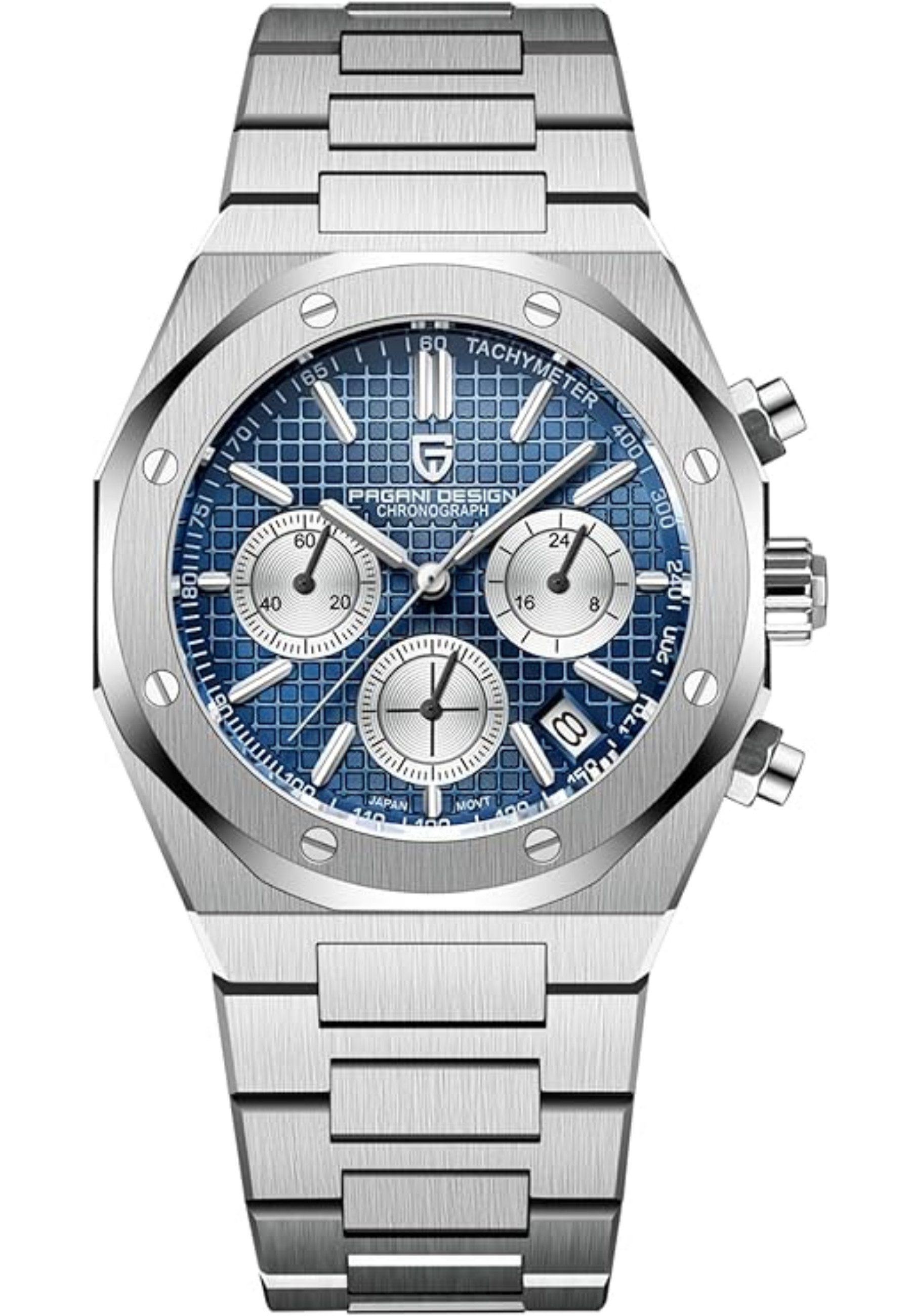 Pagani Design Quarzuhr Herren Uhr Chronograph Armbanduhr Edelstahl Blau Schwarz Wasserdicht, (Packung, Pagani), Chronograph, Edelstahlgehäuse, Saphirglas, Leuchtzeiger 40mm