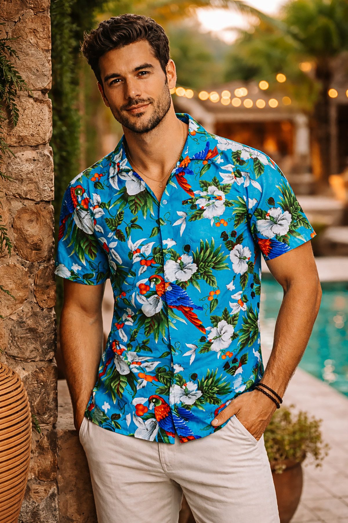 King Kameha Hawaiihemd "Cherry Parrot" Funky Hawaiihemd Herren Kurzarm Fronttasche Sommerhemd