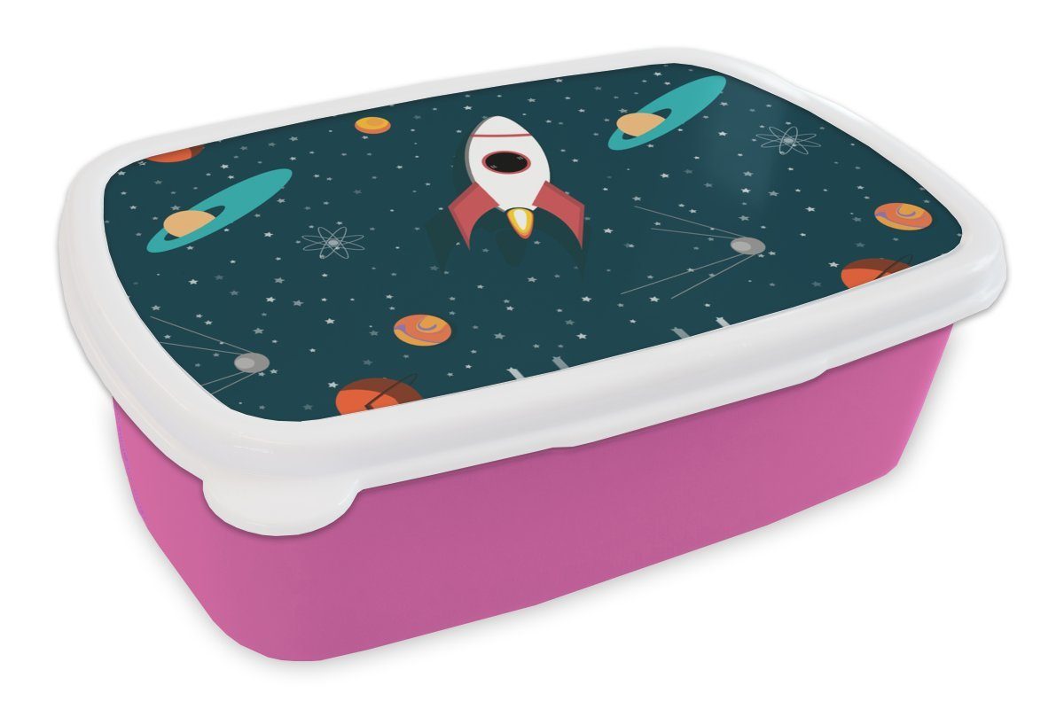 Kunststoff MuchoWow Weltraum - Kinder, Erwachsene, Brotdose Brotbox Design, - rosa Rakete für (2-tlg), Kinder Snackbox, - Kunststoff, Lunchbox Mädchen,