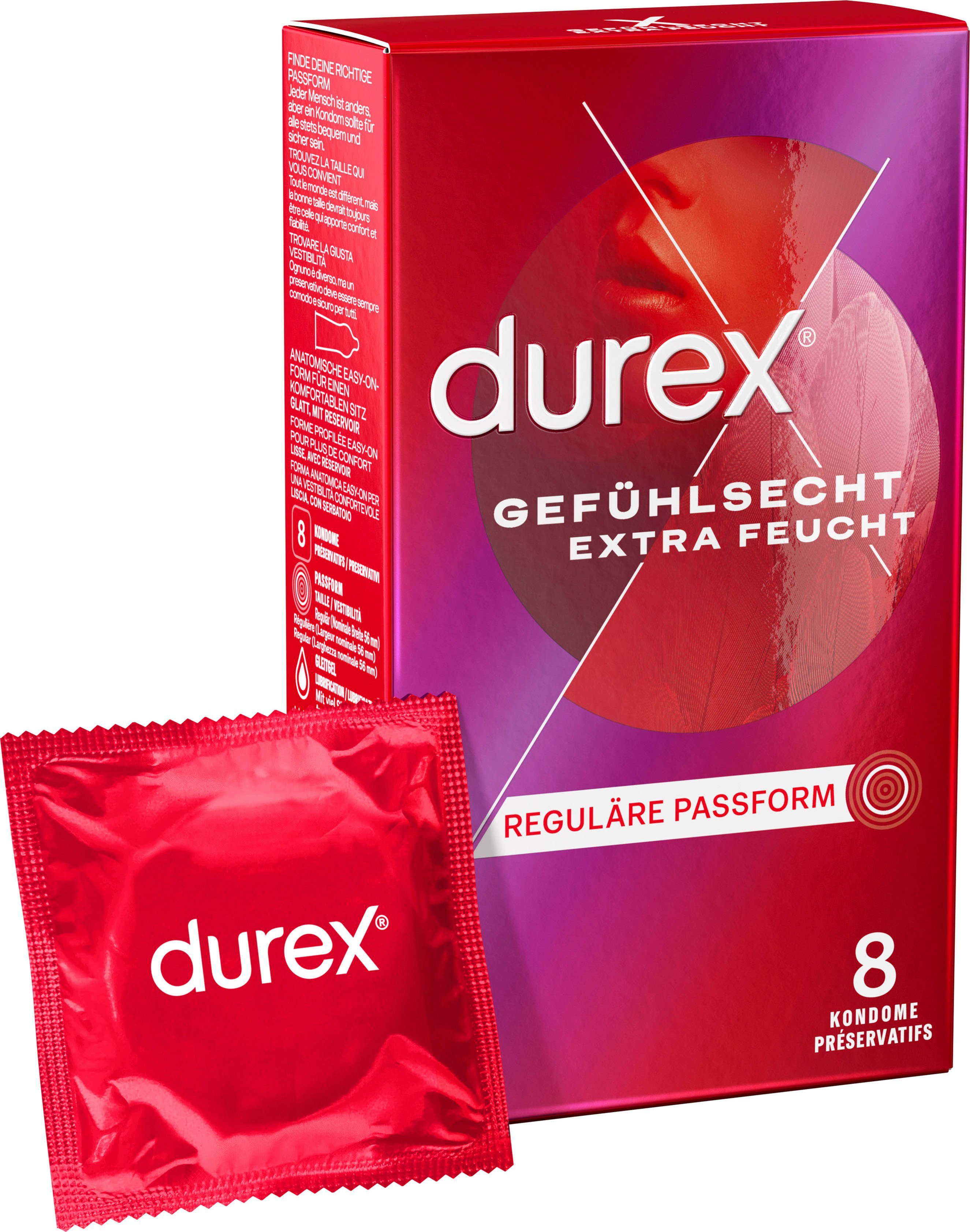 durex Kondome Gefühlsecht Extra Feucht Packung, 8 St., dünn für ein intensives Gefühl, mit extra Gleitgel | Kondome