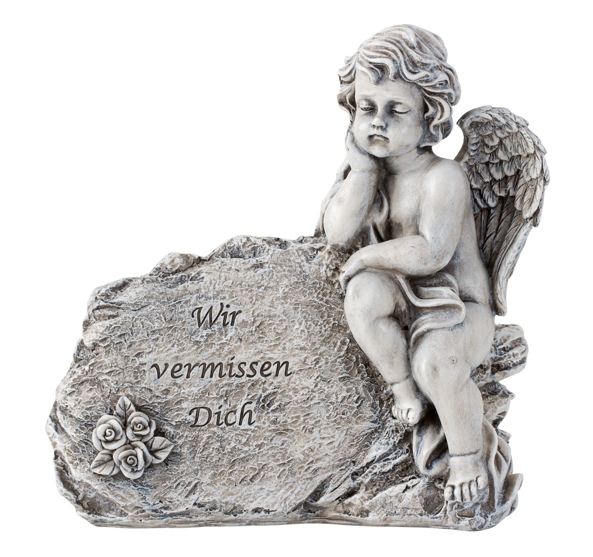 MF Grabkerze Grabengel „Wir vermissen Dich“ mit Rosenmotiv aus Polyresin (1-tlg)