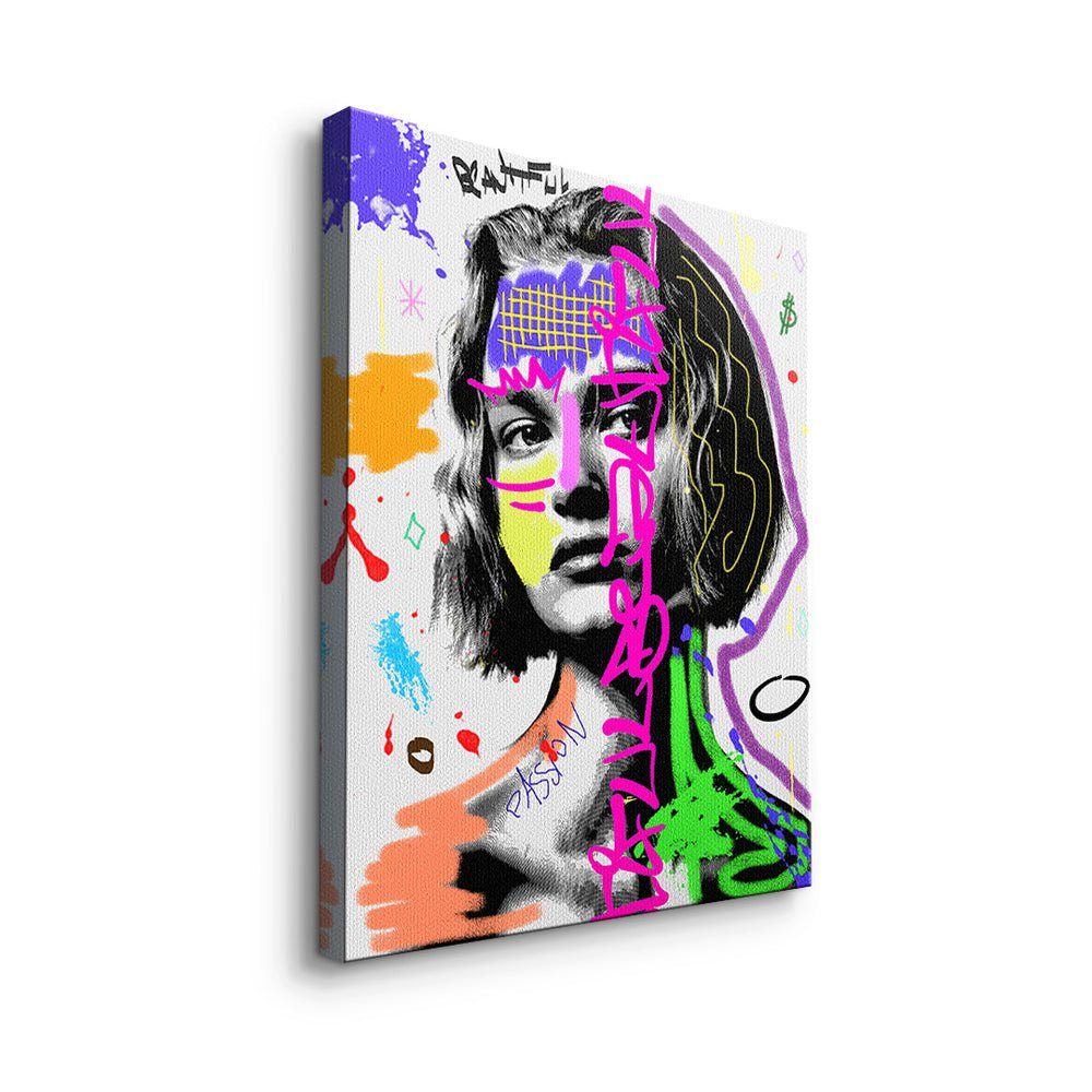 mit Leinwandbild weiß Pop weißer premium Graffiti Rahmen Lady Power Leinwandbild, Rahmen Art DOTCOMCANVAS®