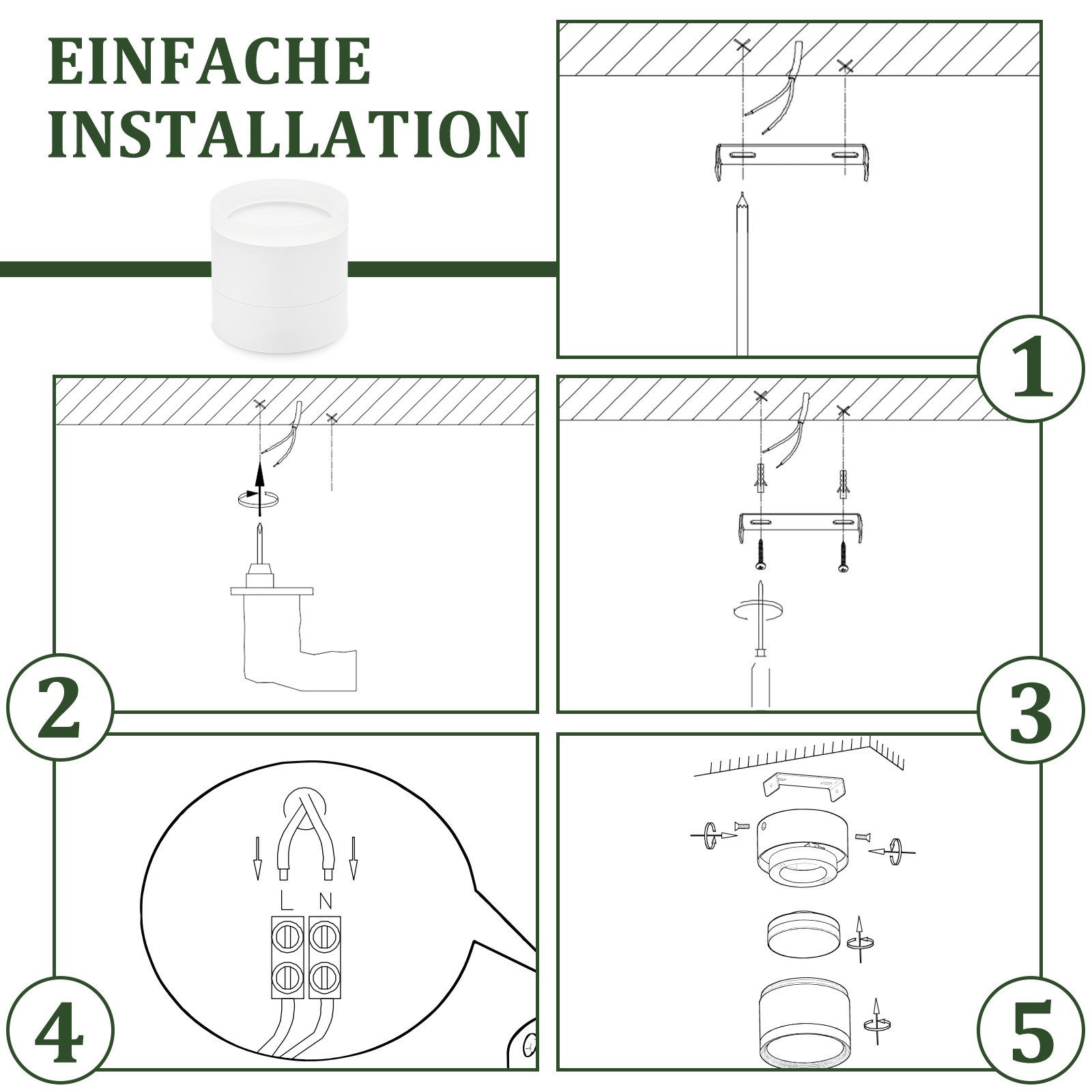 ZMH LED Deckenstrahler Weiß Rund 3000K 5W GX53 Deckenlampe Acryl Wohnzimmer 2-er Set, LED fest integriert, Warmweiß, 5101 LM Kleine Aufbaustrahler für Flur Schl – Bild 4 von 5