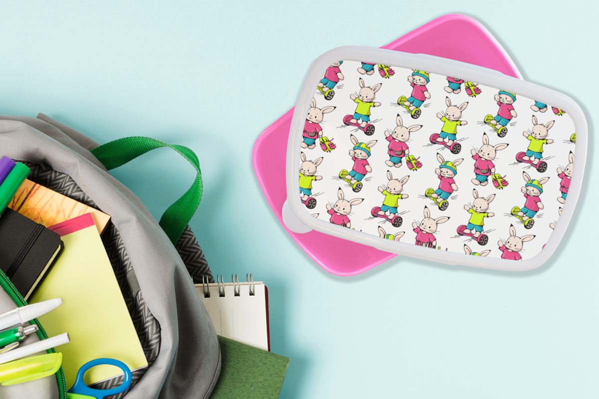 Lunchbox Mädchen, Tiere rosa Kinder, Muster, - Kinder MuchoWow (2-tlg), Brotbox - Brotdose Kaninchen für Kunststoff Erwachsene, Schule Kunststoff, - Snackbox, -