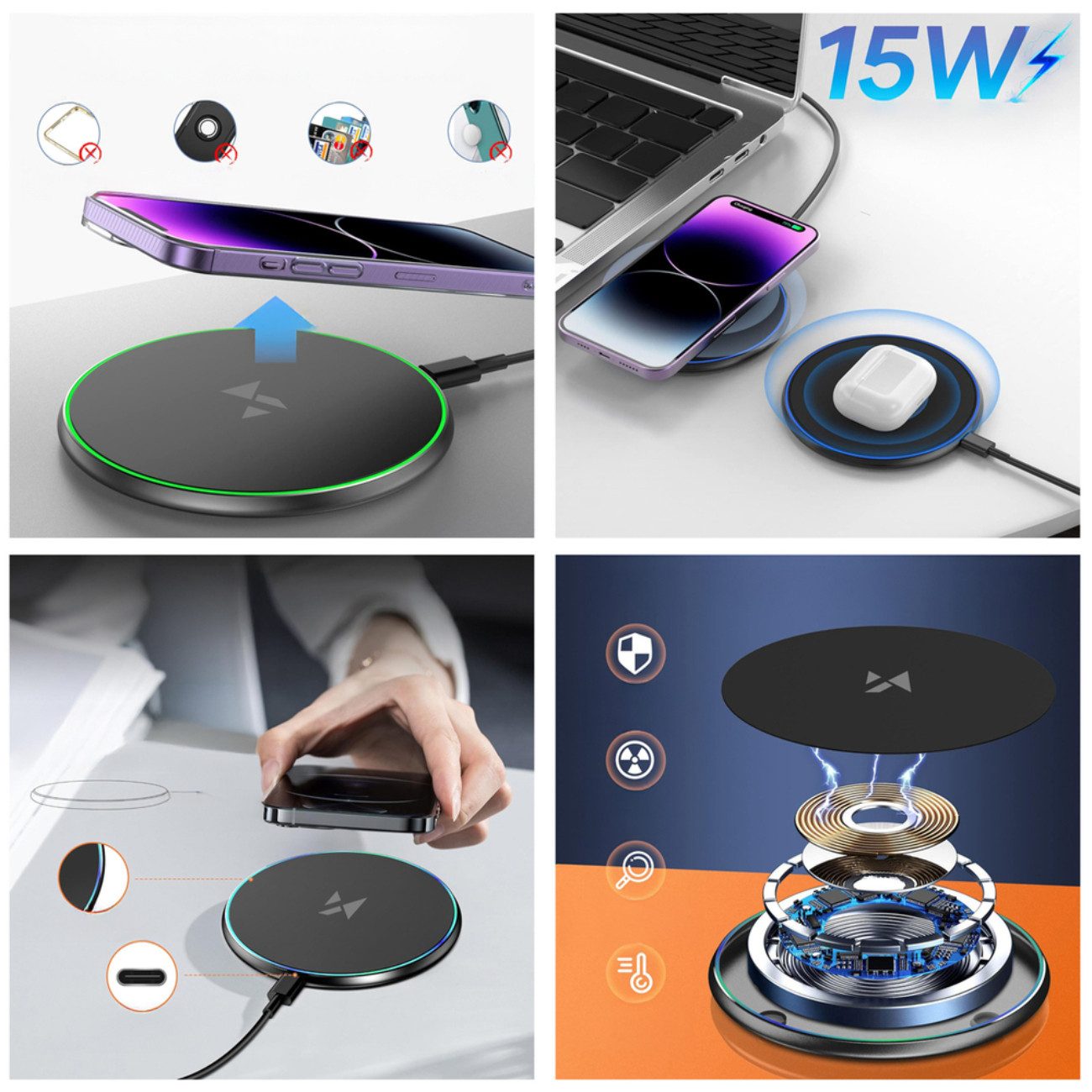 Wozinsky WLI-01Y Induktions-Ladegerät (Ladegerät mit USB-C Kabel, Ultraflaches 15 W Qi-Ladegerät mit USB-C Kabel)