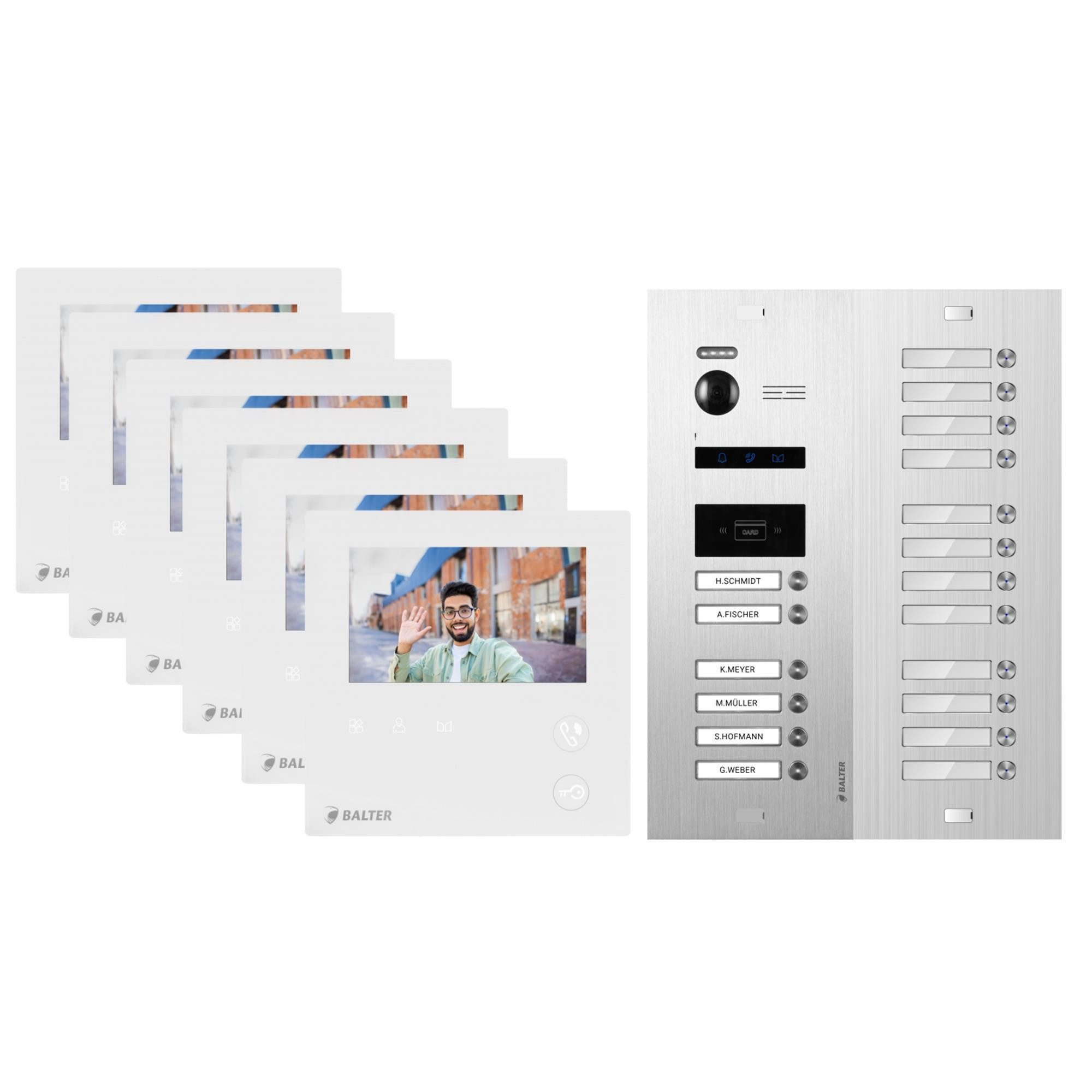 Balter Video-Türsprechanlage BALTER Türsprechanlage EVO MINI 2-Draht BUS 18-Familienhaus Silber (Set, 18-Familienhaus, Komplettset, Analog 150° Kamera, RFID)