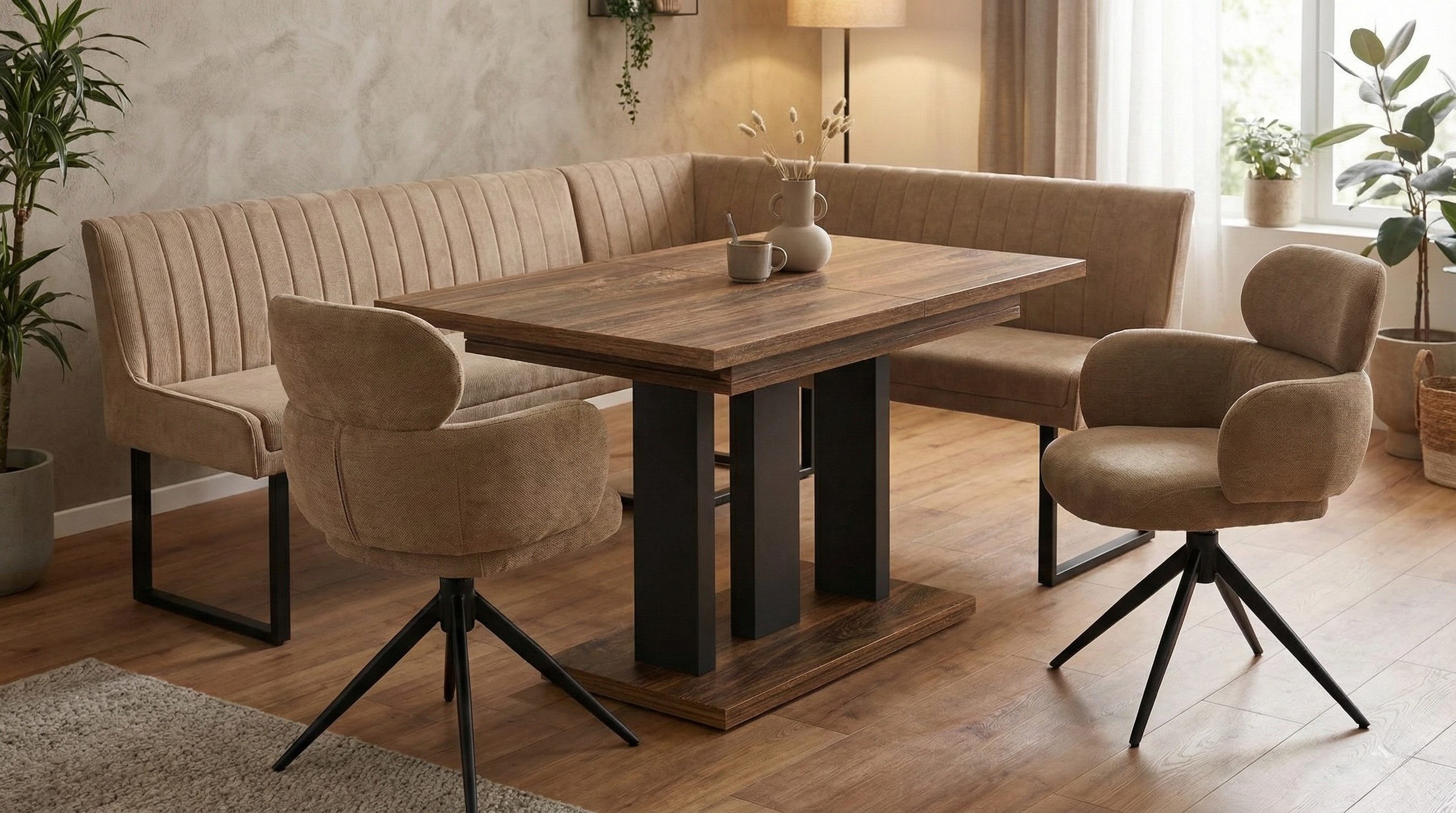 Endo-Moebel Eckbankgruppe Essgruppe in Dunkelgrau / grün Eckbank 2 Stühle Esstisch Beton Wotan