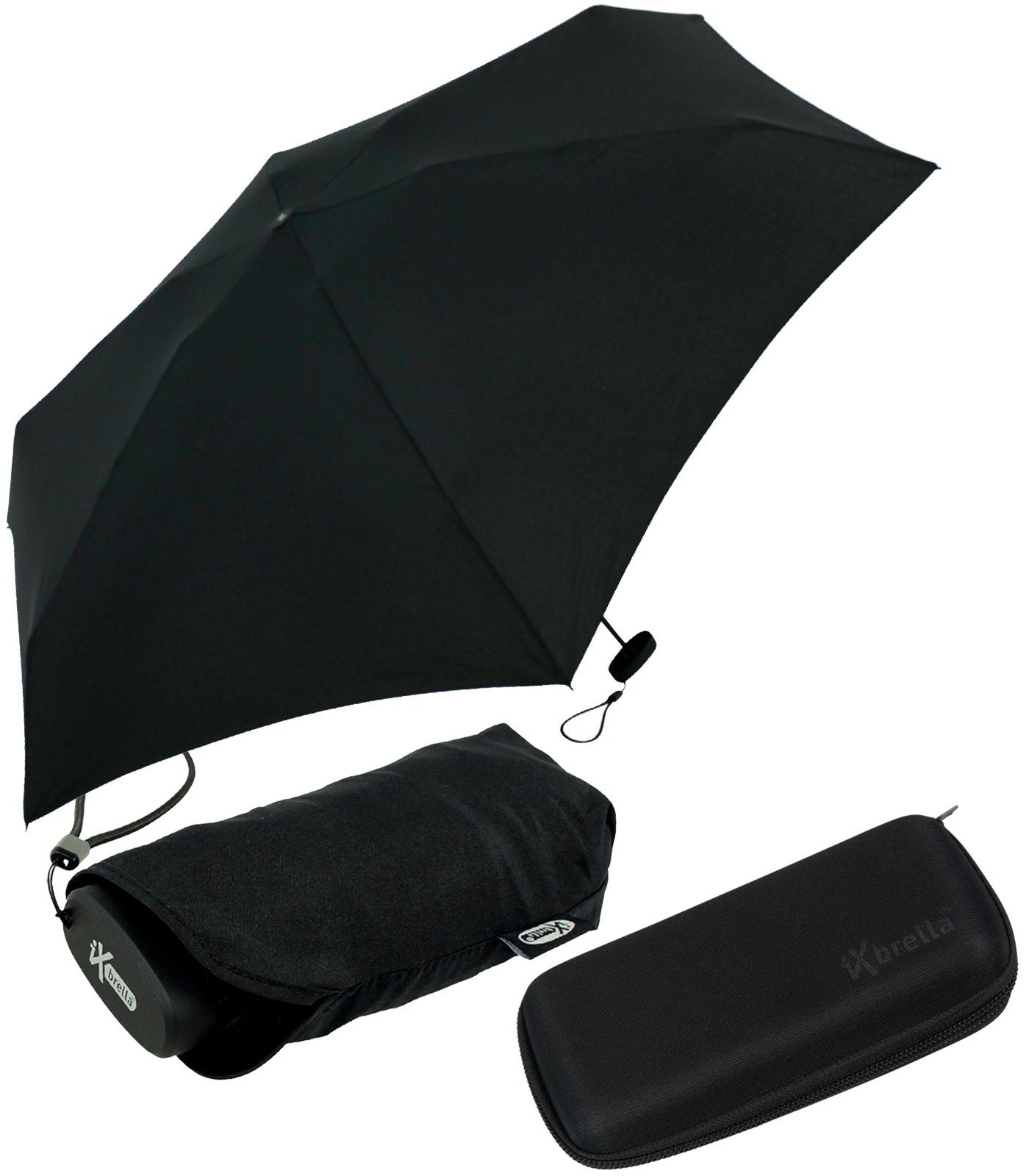 winziger Format, Handy Mini mit iX-brella schwarz Schirm ultra-klein, Softcase-Etui - Ultra Taschenregenschirm 15 cm im