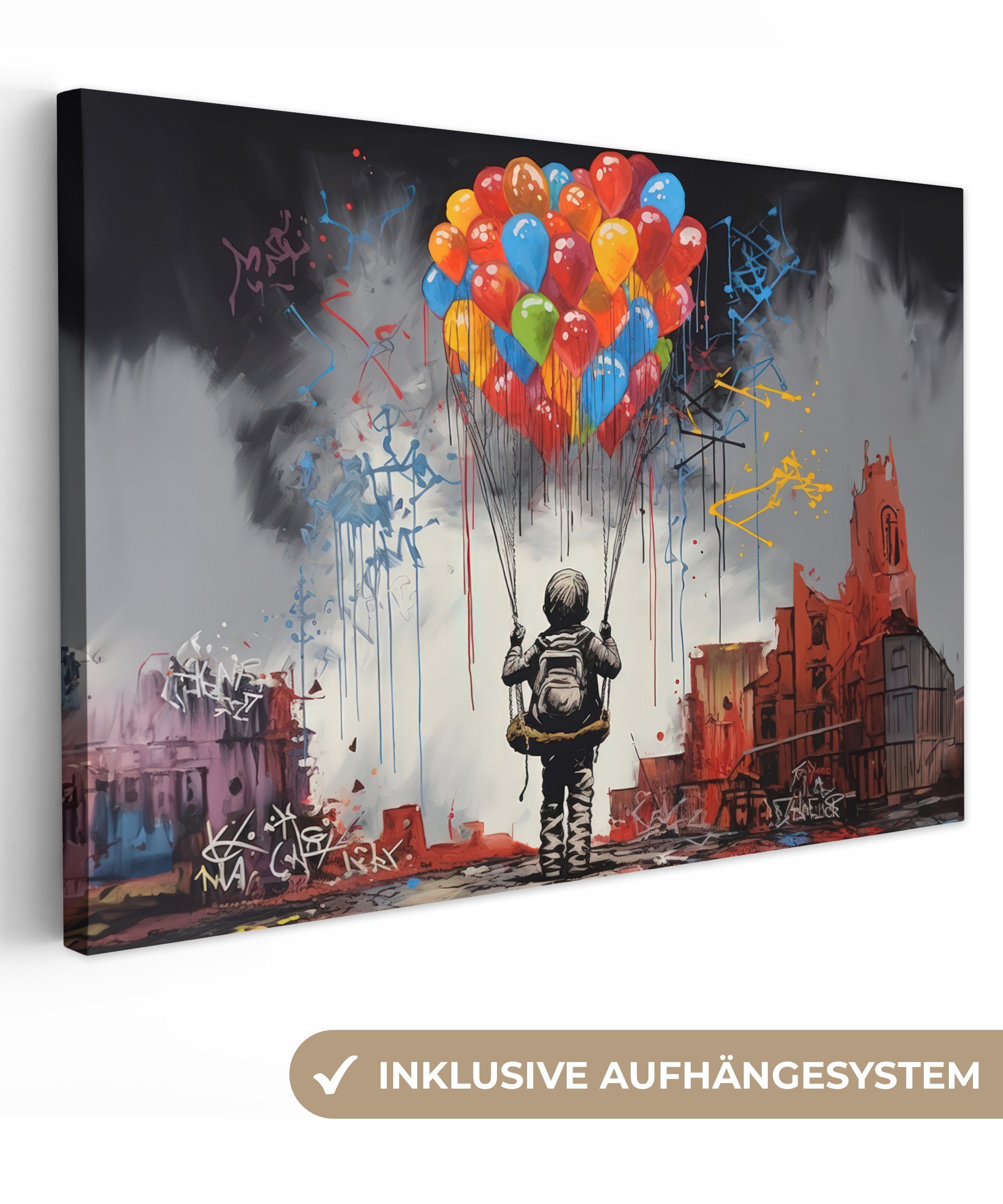 OneMillionCanvasses® Leinwandbild Junge - Luftballons - Bauwerke - Kunst, Fotodruck (1 St), Leinwand Bilder Klein, Wand Dekoration Aesthetic 30x20 cm