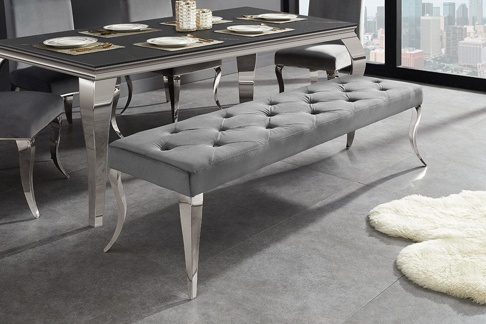 riess-ambiente Sitzbank MODERN BAROCK DELUXE 170cm grau / silber - Samt, Edelstahl, gepolstert (Einzelartikel, 1-St), Polsterbank mit Zierknöpfen - ideal für glamouröse Essbereiche & Flure