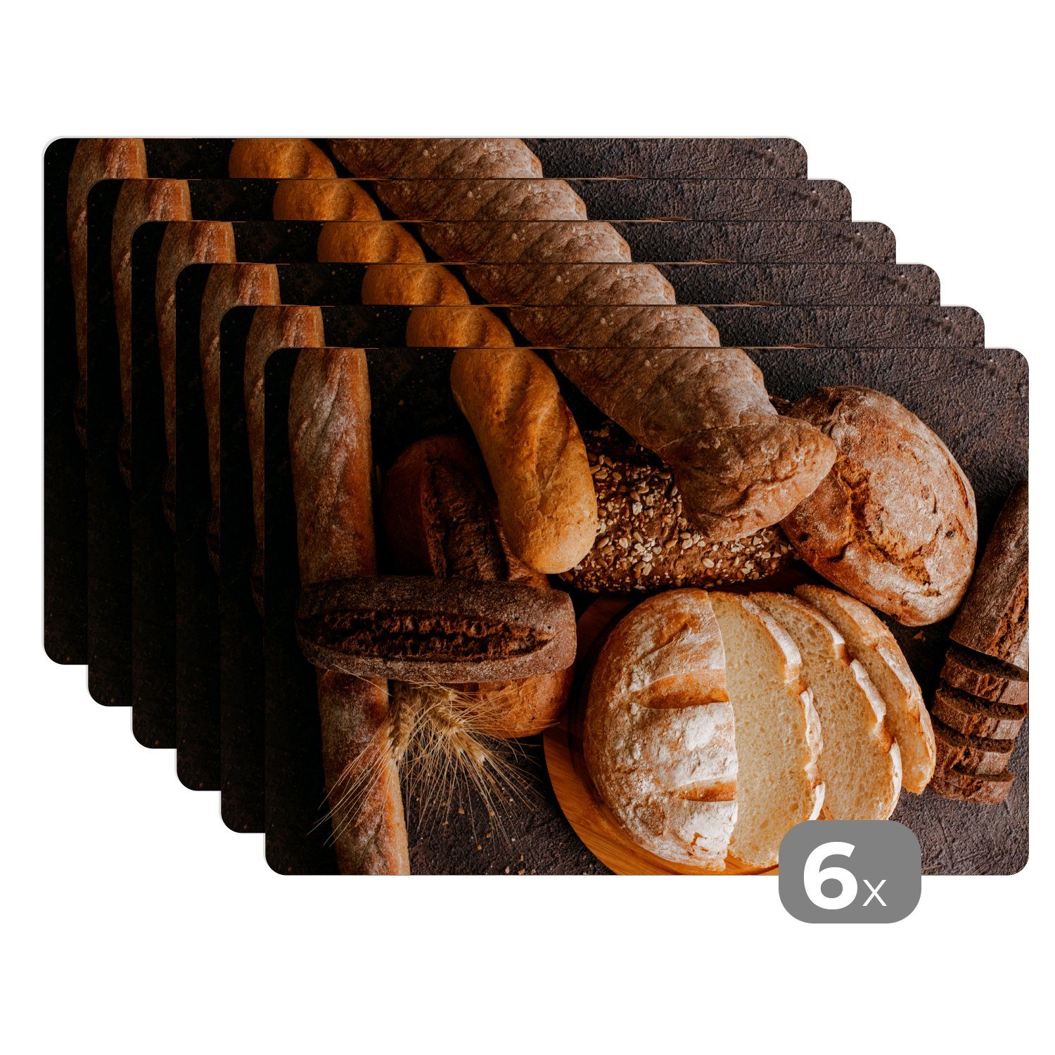 Platzset, Frisch gebackenes Brot auf einem Holztisch, MuchoWow, (6-St), Platzset, Platzdecken, Platzmatte, Tischmatten, Schmutzabweisend