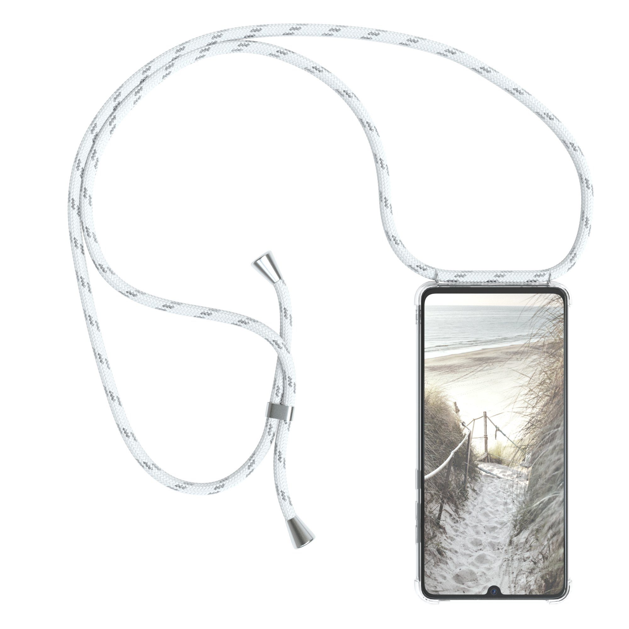 EAZY CASE Handykette Hülle mit Kette für Huawei P30, Hülle Smartphonekette für Unterwegs Festivalhülle Transparent Weiß