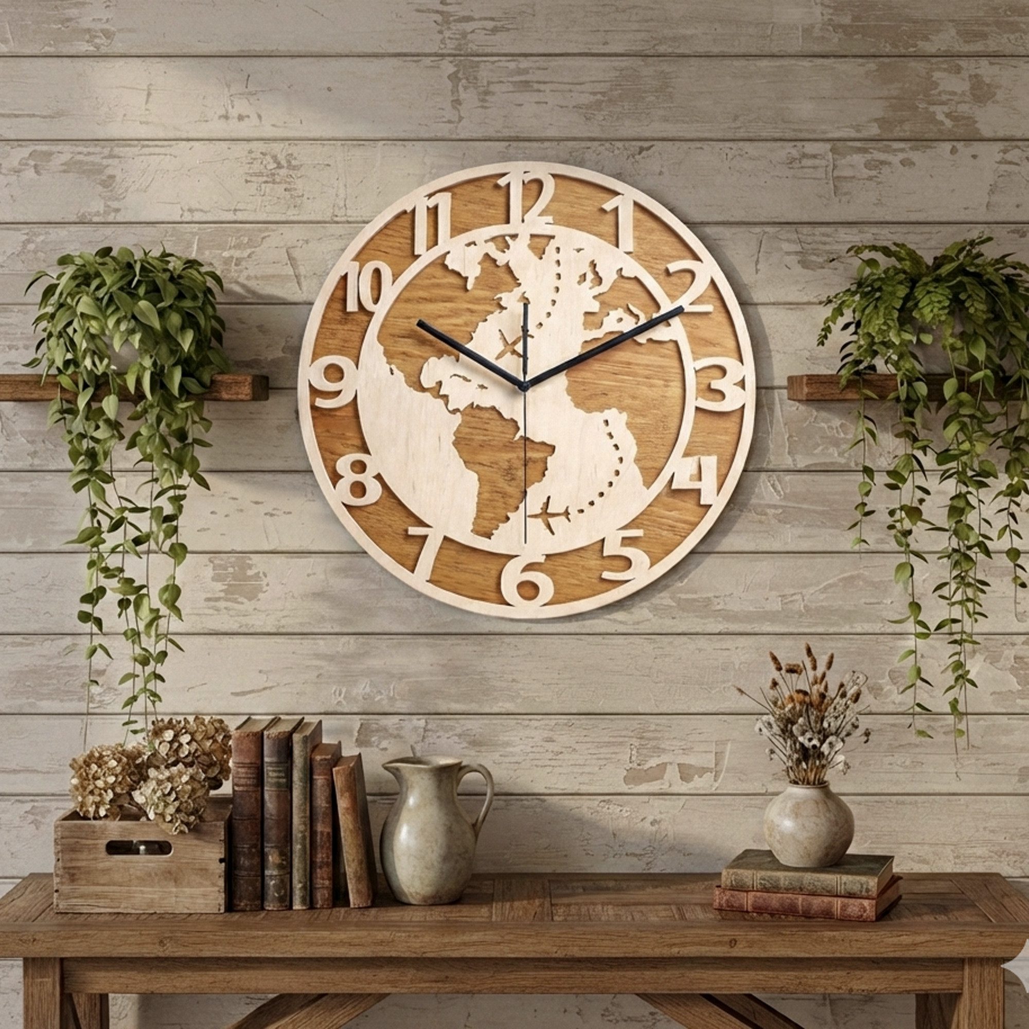 ORNAMENTI Wanduhr Dekorative Weltkarte, handgefertigte, Holz, Hingucker Wanddeko (lautlos, ohne Tickgeräusche, lesbare Ziffern)