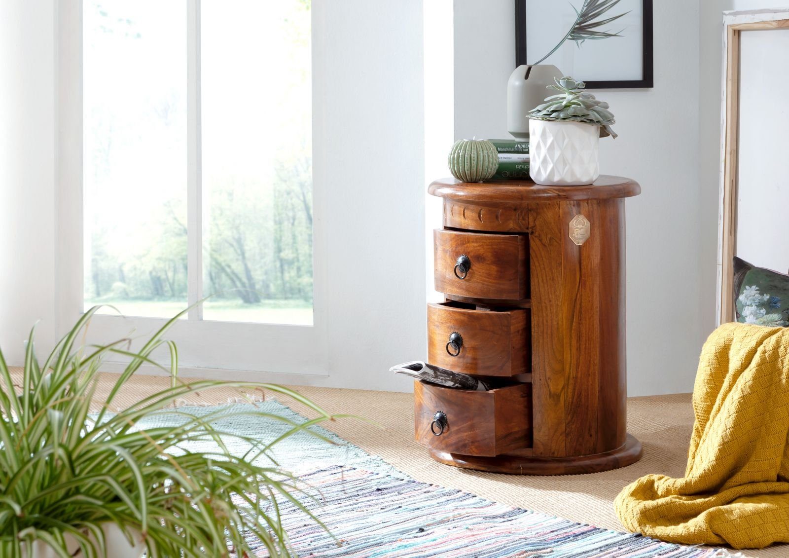 Massivmoebel24 Nachttisch Nachttisch rund Akazie 42x42x55 honig lackiert OXFORD #0337