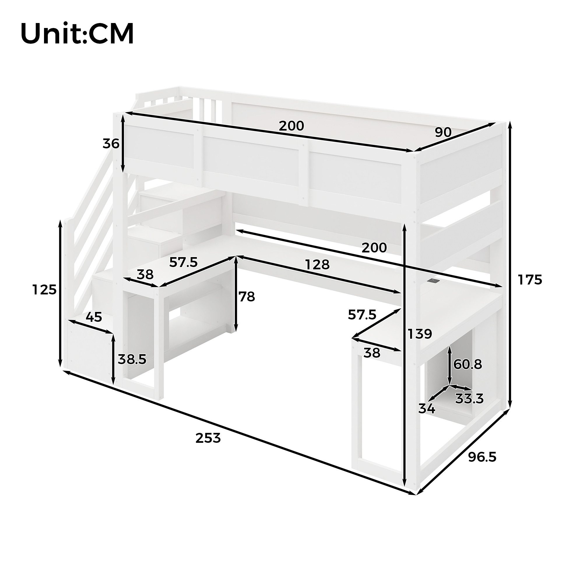 Flieks Hochbett Gamingbett 90x200cm mit Schreibtisch, Stauraumtreppe, LED & Aufladen – Bild 4 von 5
