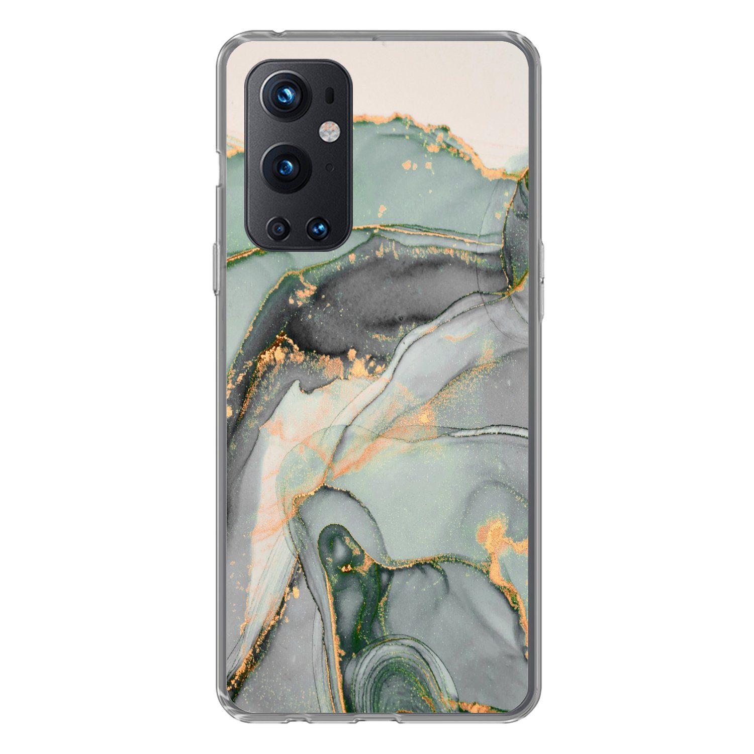 MuchoWow Handyhülle für OnePlus 9 Pro Gold - Marmor - Grün - Luxus - Glitzer - Marmoroptik, Phone Case, Silikon, Schutzhülle Dünn