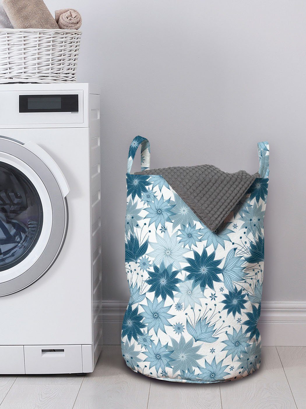 Abakuhaus Wäschesäckchen Wäschekorb mit Griffen Blau-blühende für Blumen Kordelzugverschluss Botanisch Waschsalons