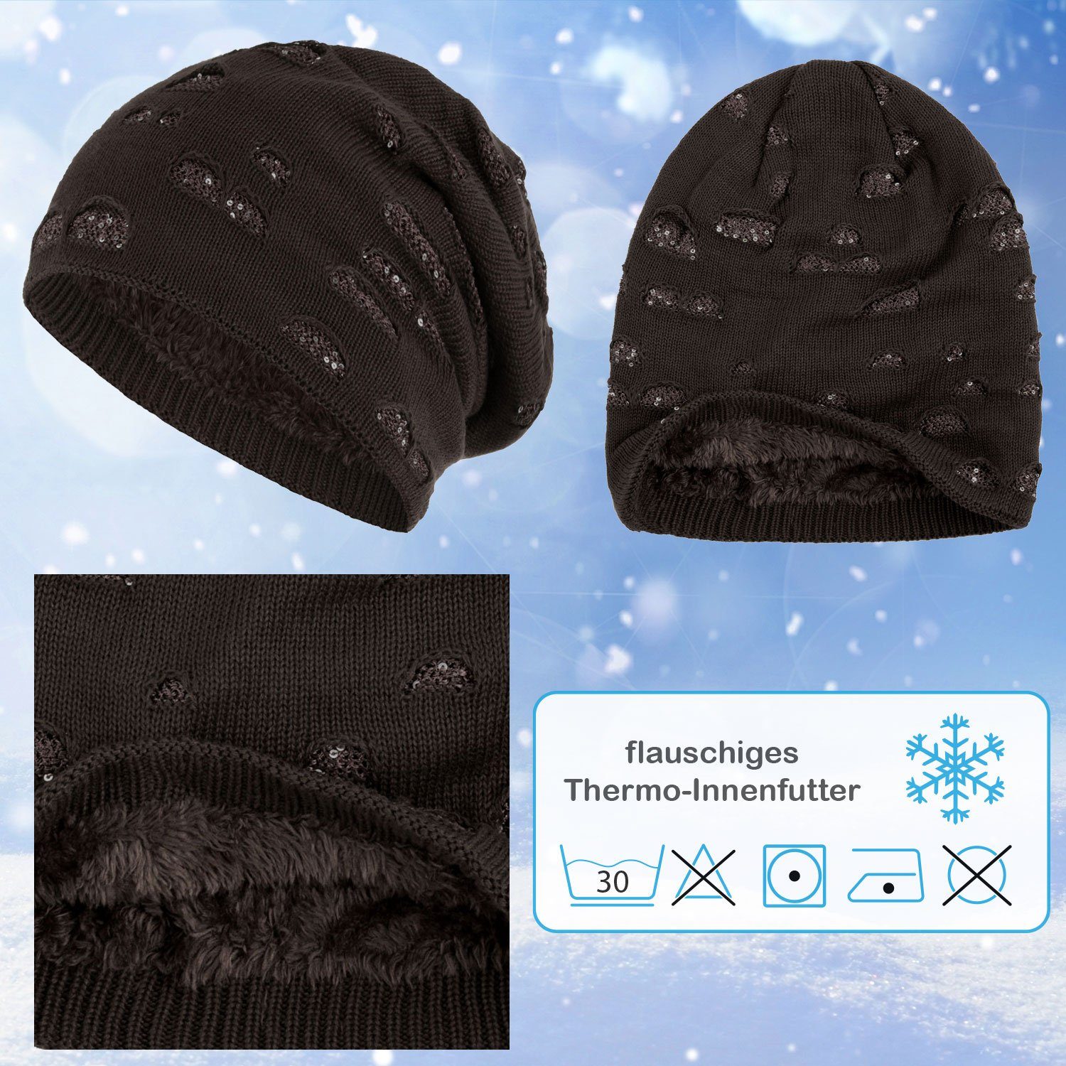 compagno Strickmütze Pailletten Mütze Damen Beanie (1-St) Wintermütze Gefütterte braun Haube Damenmütze