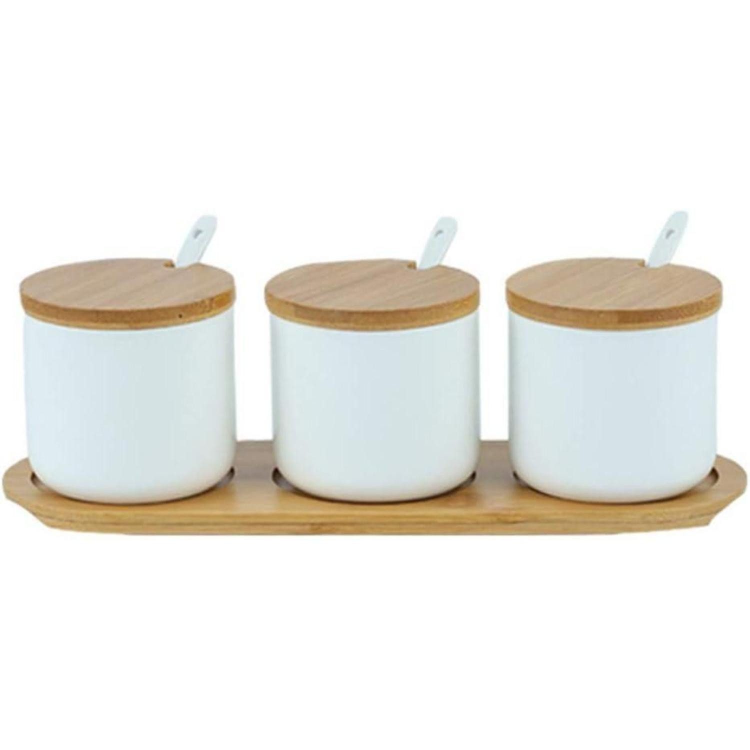LuxusKollektion Gewürzbehälter Gewürzdosen Keramik Salztopf Zuckerdose Bambusdeckel Weiß 3er Set, Keramik