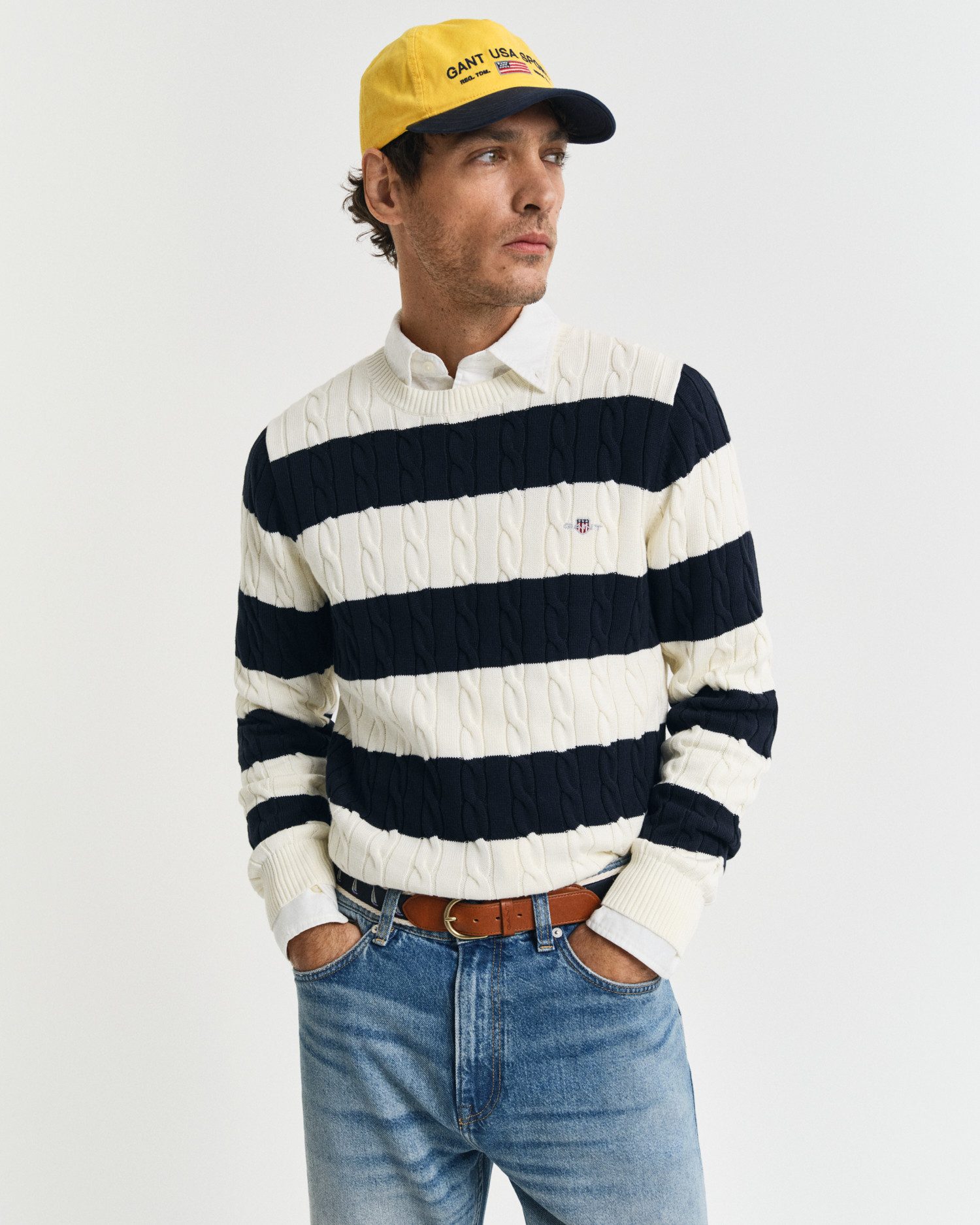 Gant Rundhalspullover STRIPED COTTON CABLE C-NECK günstig online kaufen