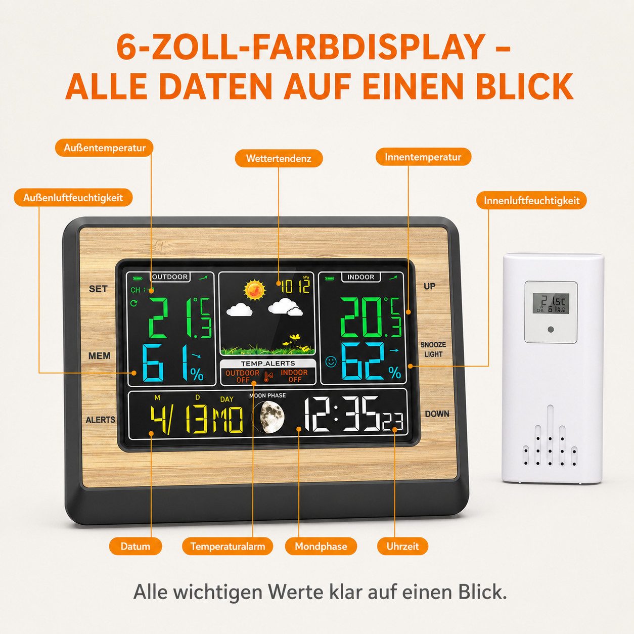 Tekoo Funk-Wetterstation mit Außensensor, 6 Zoll Farbdisplay & Holzoptik Wetterstation (Mit 6 Zoll Farbdisplay und einstellbarer Helligkeit)