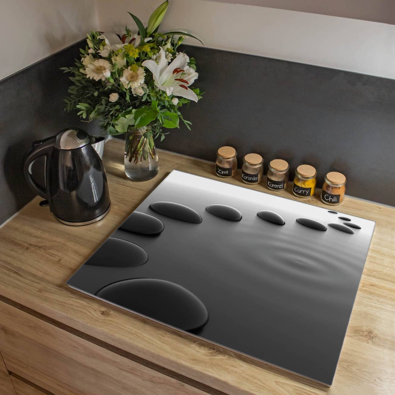 banjado Herd-Abdeckplatte Glas Schwarze Steine, (gehärtet, 1 tlg., inkl. selbstklebende Gummifüßchen)