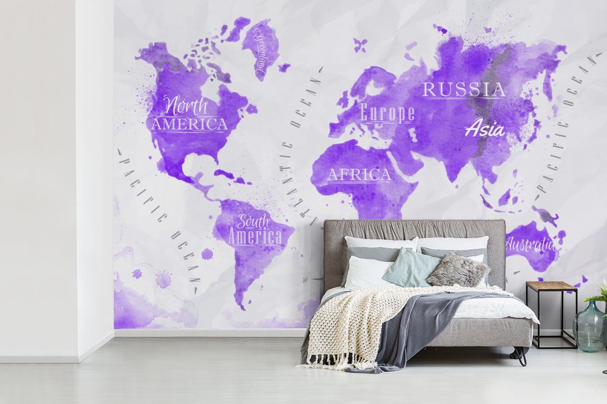 Violett, Vinyl Wallpaper Wohnzimmer, MuchoWow Ölfarbe Tapete Matt, Schlafzimmer, St), (6 bedruckt, - - Weltkarte für Kinderzimmer, Fototapete