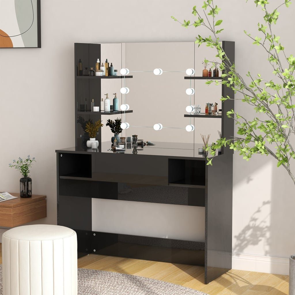 furnicato Schminktisch Eleganter 100x40x135 cm in glänzendem Schwarz mit (1-St), LED-beleuchteter Frisiertisch mit USB-Anschluss und Wandhalterung