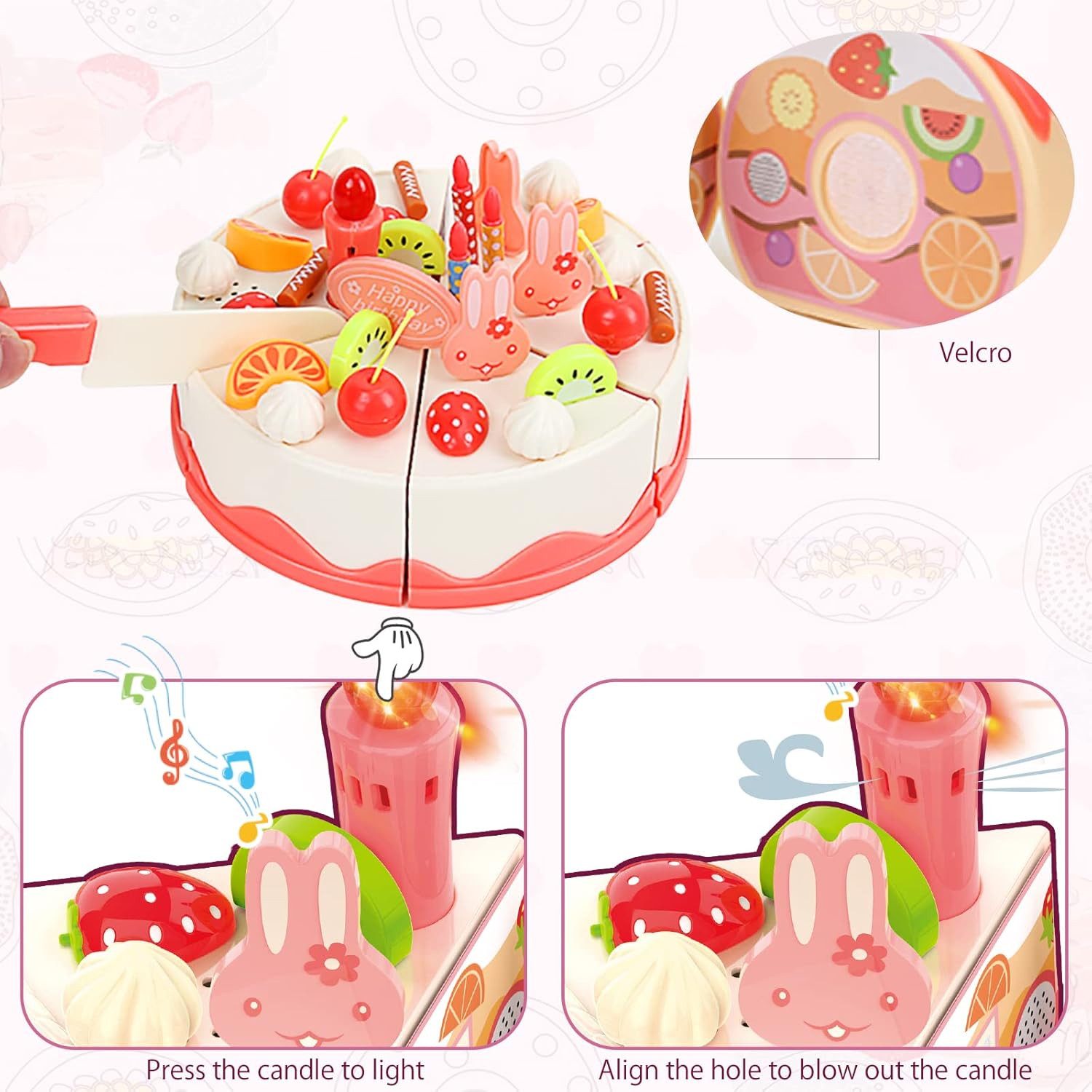 Kramow Spiellebensmittel 82-teiliges Geburtstags- und Kuchen-Set für Kinder ab 3 Jahren, (DIY-Kuchen- und Party-Set mit Musik für kreative Kinder, 82-tlg., 82-teiliges Kuchen-Dessert-Set für Rollenspiele und Geburtstagsfeiern), Mit 82 Teilen und „Happy Birthday“-Musik für kreative Rollenspiele