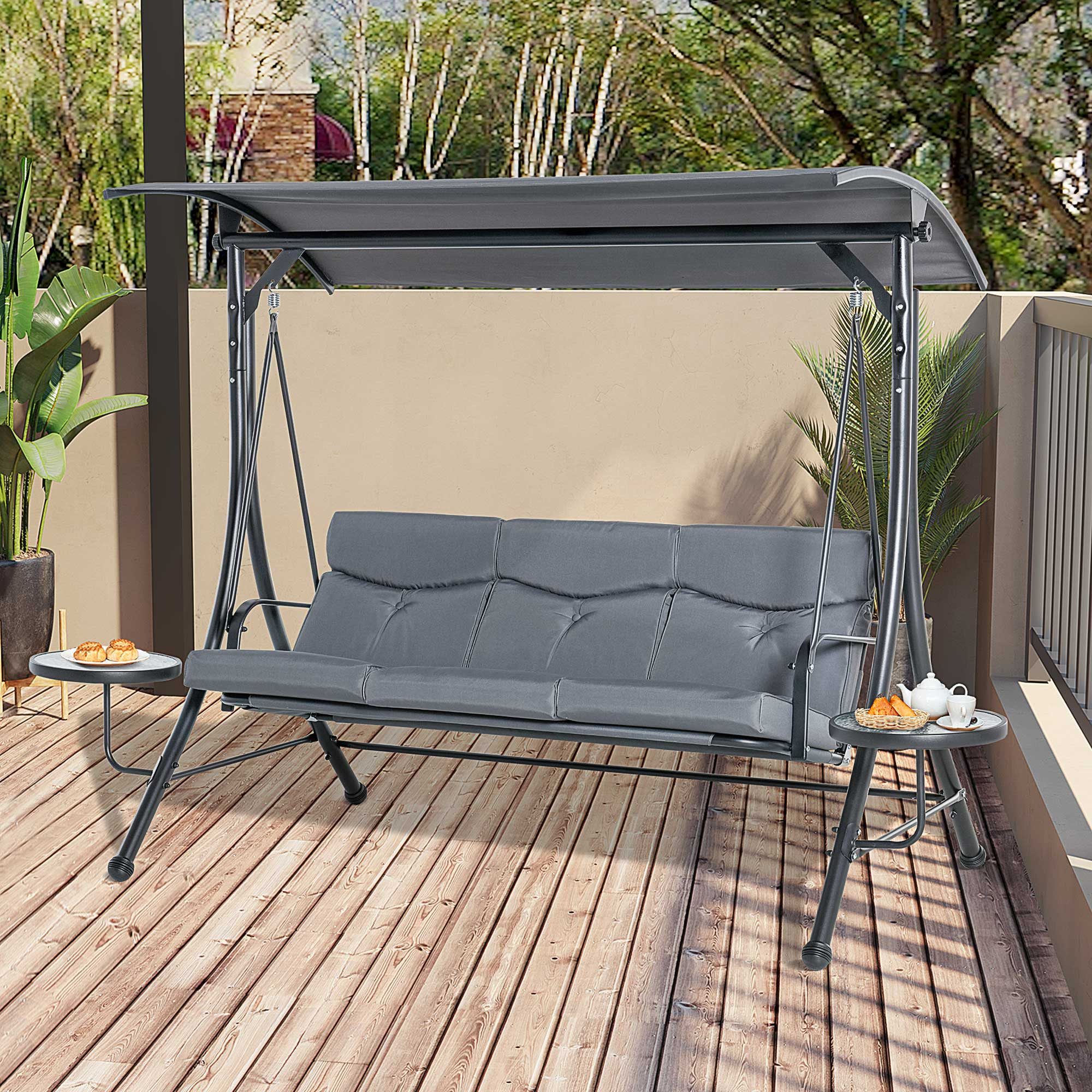 CHICFURN Hollywoodschaukel 3-Sitzer Gartenschaukel mit verstellbarem Sonnendach, Grau+Schwarz, 3-Sitzer, Packung, 1 tlg., Verstellbares Sonnendach, 2 Glastische, gepolsterte Auflage, Mit Teetisch, Stahlrahmen, Polyester, 271 x 125 x 177 cm