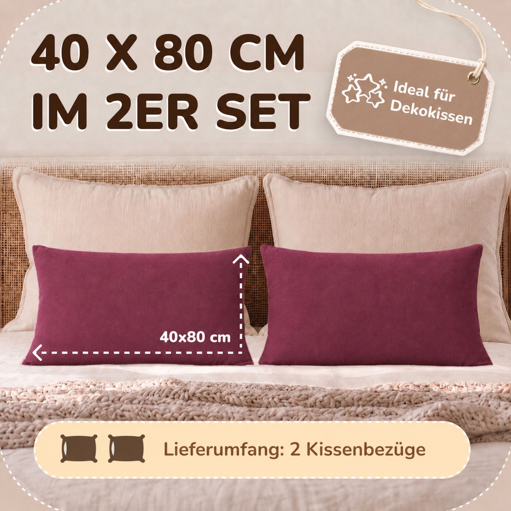 leevitex® Kissenbezüge Kissenbezug 40 x 80 cm, 2er Set, Weinrot/Bordeaux, (2 Stück), feine Jersey-Qualität, 100% Baumwolle, robuster Reißverschluss
