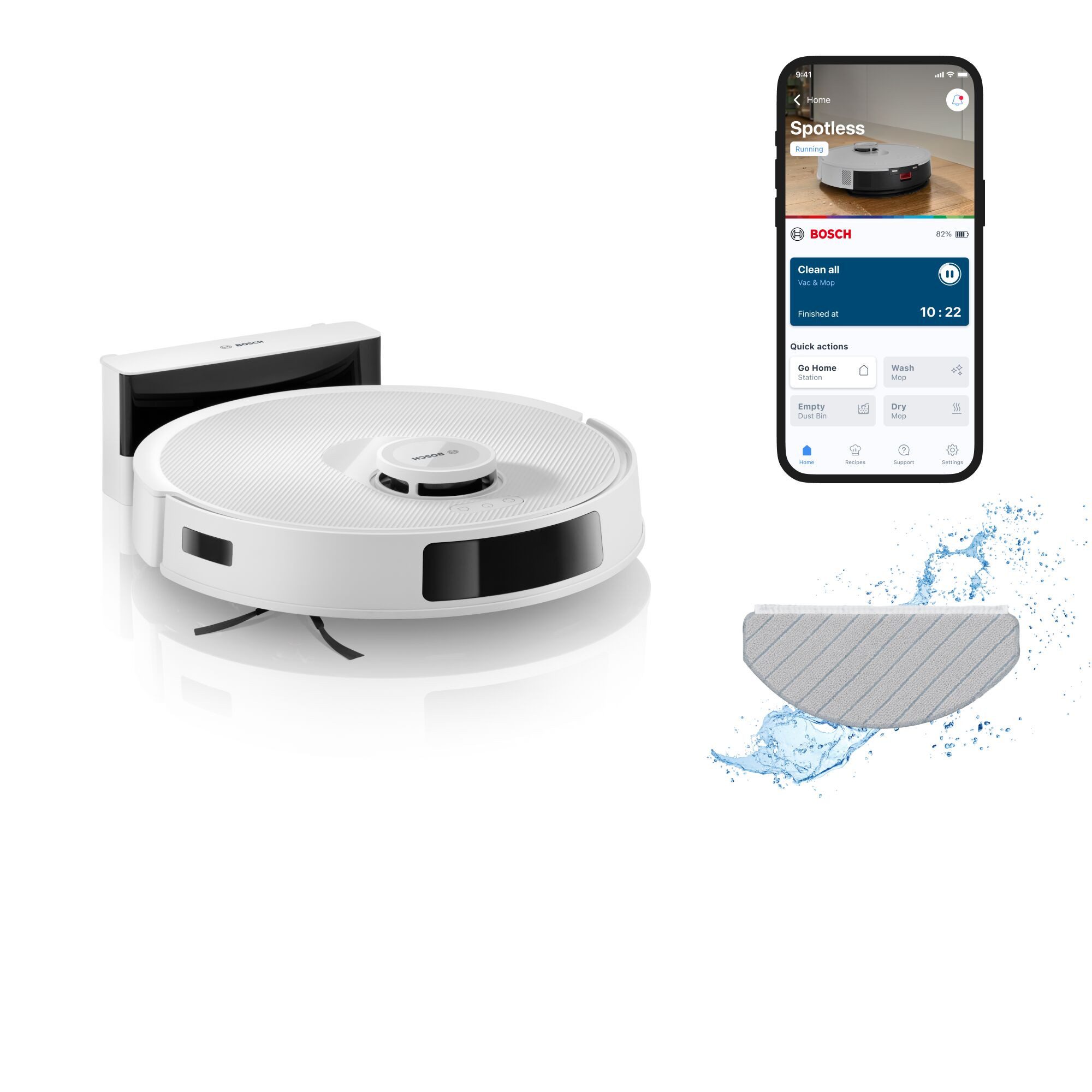 BOSCH Saugroboter Spotless BCRC1W, Saugroboter mit Wischfunktion, 11.000 Pa Saugkraft, 60 W, beutellos, Ladestation, einfache Navigation mit Infrarot-Licht, Carbon Bürste