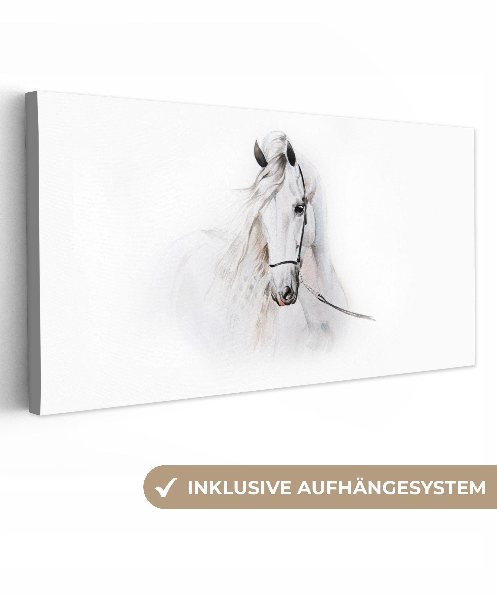 OneMillionCanvasses® Leinwandbild Panorama Pferd - Aquarell - Tiere - Weiß, Fotodruck (1 St), Wandbild, Deko Schlafzimmer Wohnzimmer Flur 40x20 cm