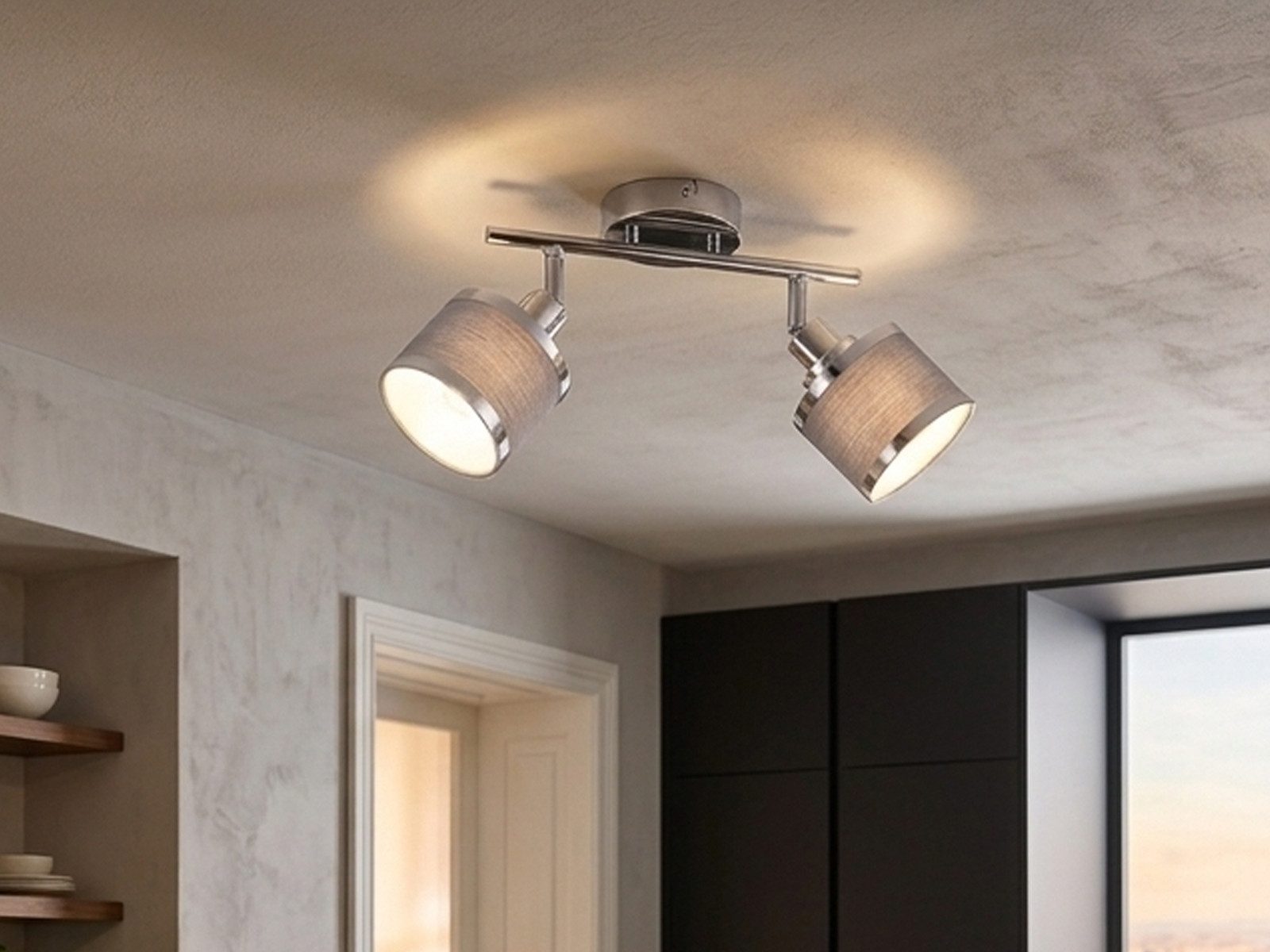 TRIO Leuchten LED Deckenstrahler, Dimmfunktion, LED wechselbar, warmweiß, Deckenleuchte mit 2x Stoff Lampenschirm Grau für Treppenhaus B: 52cm