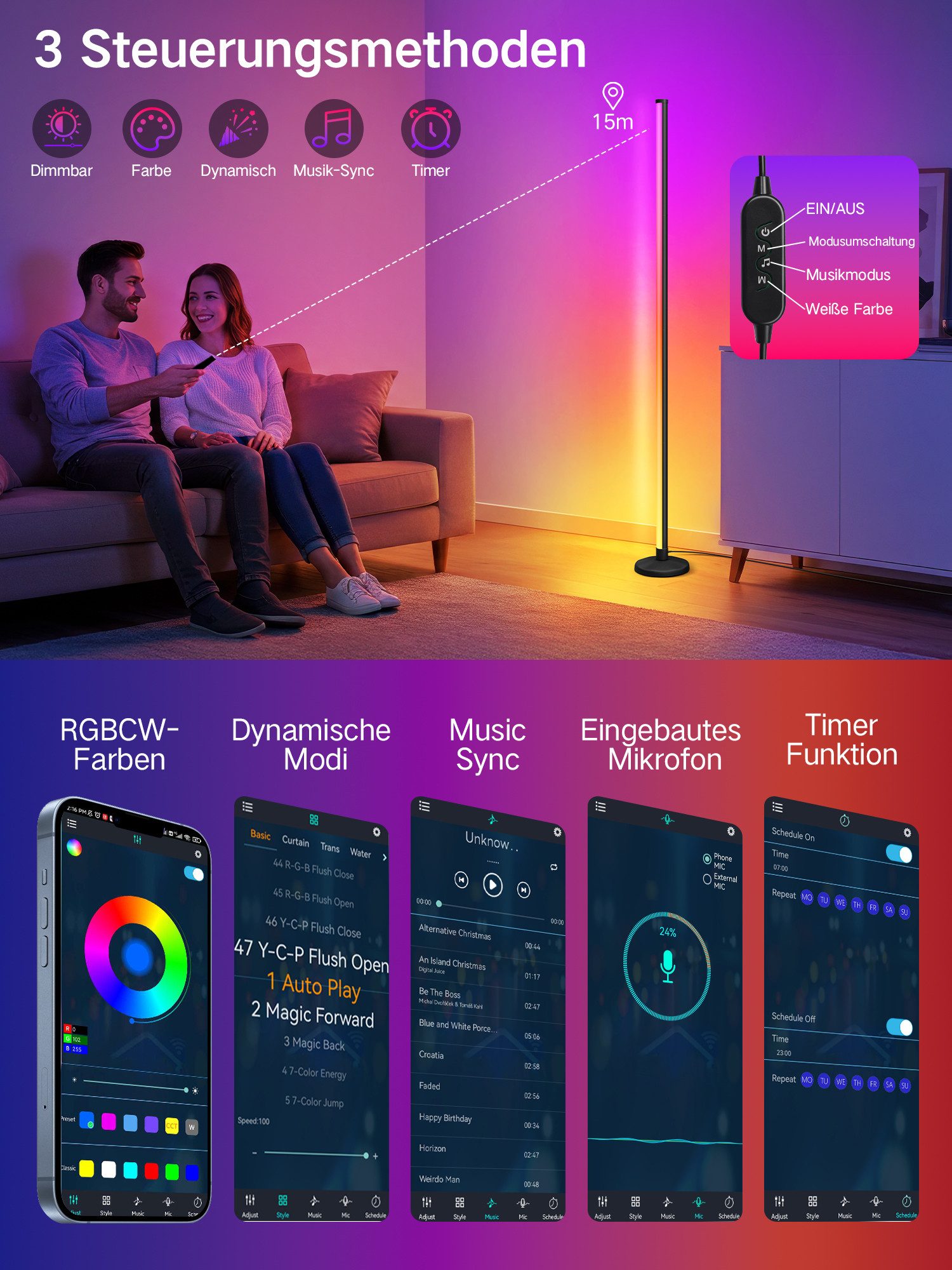 OUTON LED Stehlampe RGBCW Eckstehleuchte 168LEDs Musik-Sync App, Fernbedienung Timer 145cm