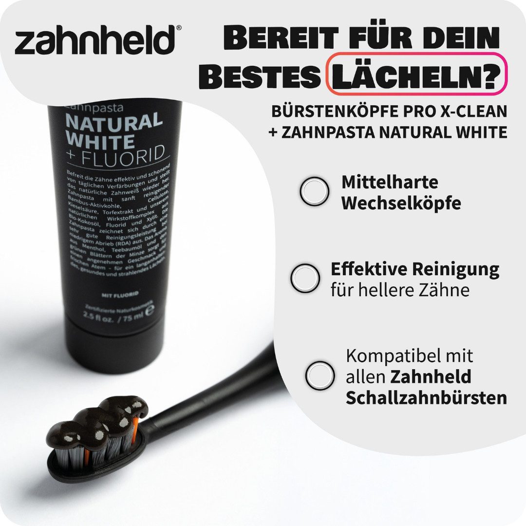Zahnheld Aufsteckbürsten Natural White Zahncreme mit Bürstenköpfen Pro X-Clean - Zahnpflege Set, Minzgeschmack, 3 Pro X-Clean, 75ml Tube, Zahnpflege mit Torfextrakt, Bambus-Aktivkohle, Kieselsäure & Cellulose