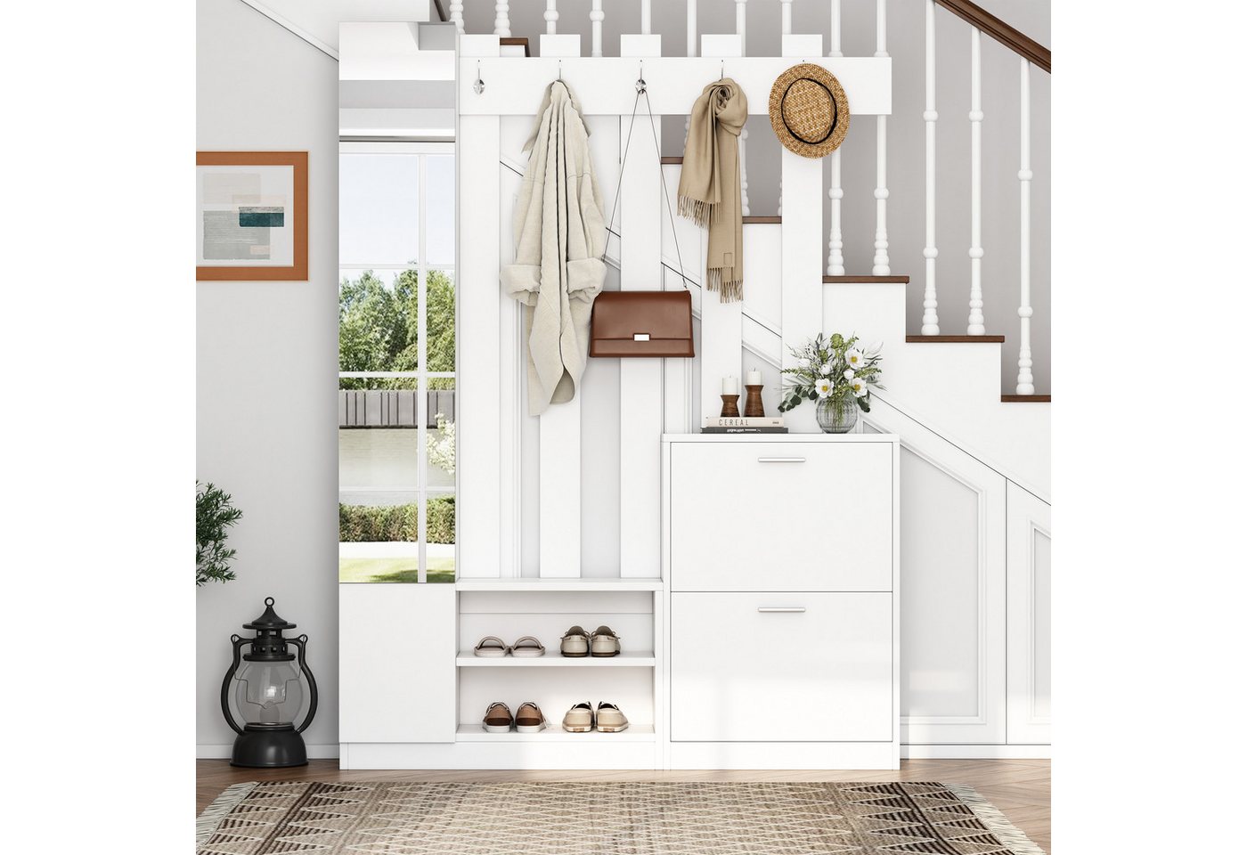 KLAM HOME Garderoben-Set 135*25*180cm Garderoben-Set mit Spiegel, Flurschrank, (Mit 2 unteren Klapptüren-Schuhschränken + 2 Aufbewahrungsschränke), Geeignet für Türöffnungen, Flure,Weiß