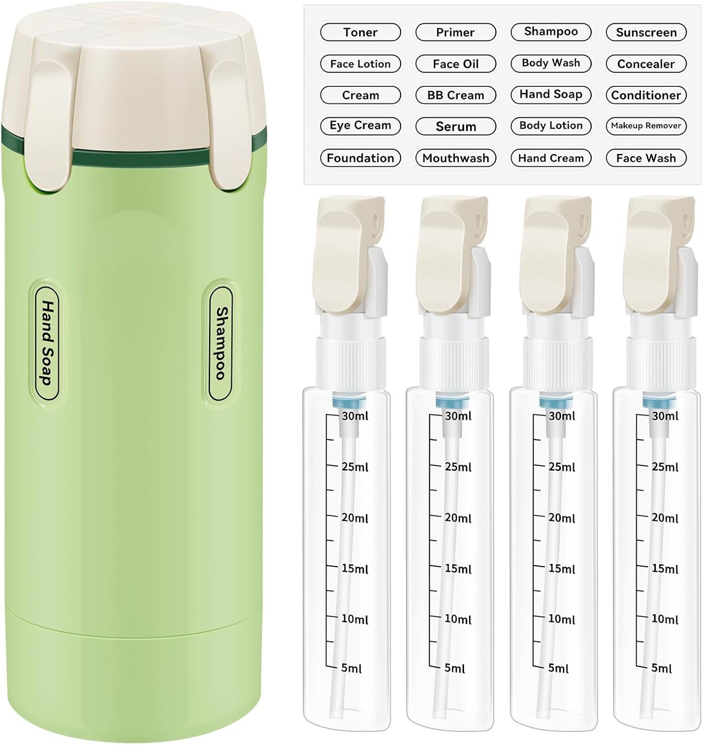Agger Reisebehälter 4-in-1-Reise-Spenderflaschen-Set,Tragbare Reisebehälter (Nachfüllbare, Auslaufsichere Quetschflaschen), Für Shampoo, Lotion, Spülung und Creme