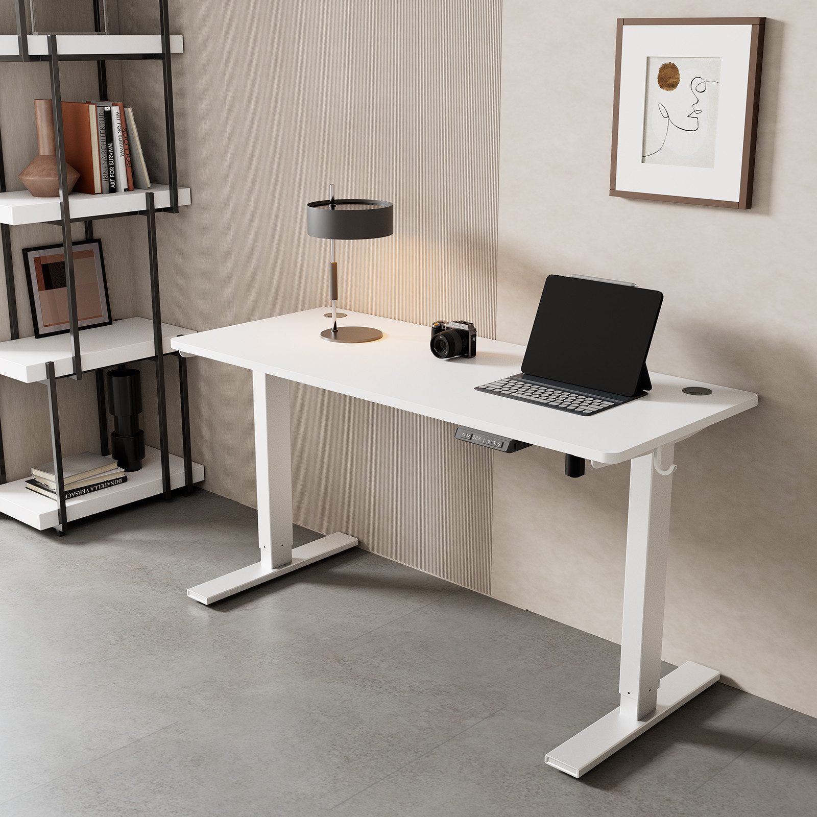 HOMAVO Schreibtisch Höhenverstellbarer schreibtisch mit Memory- und Rebound-Funktion (Sitz-Steh-Erinnerung), inkl. Kabelwanne & USB/Typ-C-Anschlüssen, Tischplatte 18 mm