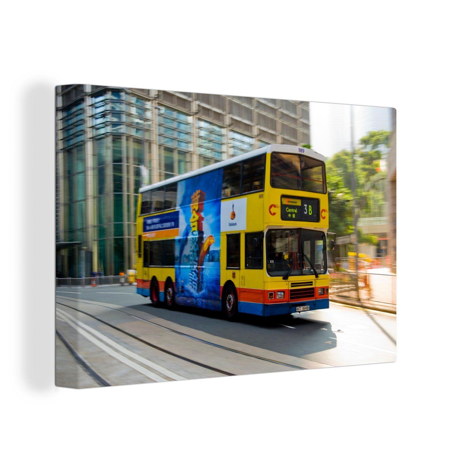 OneMillionCanvasses® Leinwandbild Ein 30x20 Leinwandbilder, cm bunter Aufhängefertig, Hongkong, in Bus Wandbild (1 St), Wanddeko